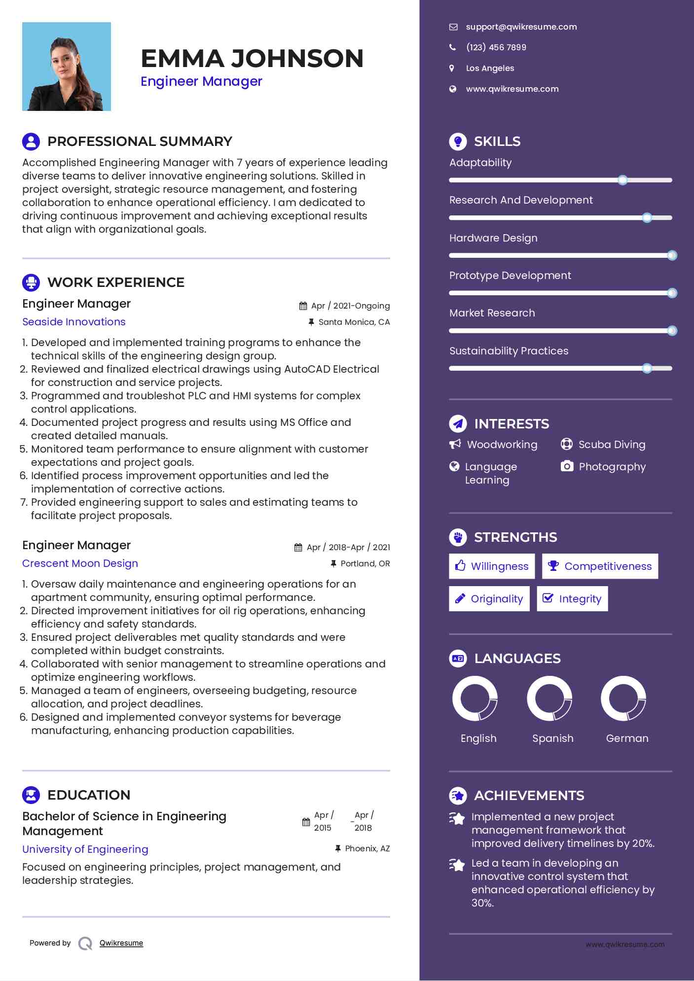 Engineer Manager Resume Sample