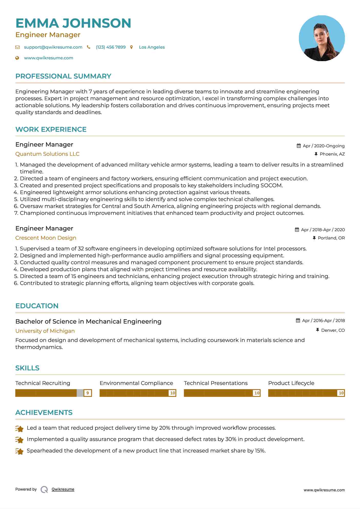 Engineer Manager Resume Format
