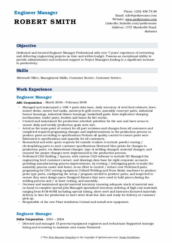 Engineer Manager Resume Samples - Engineer Manager 1610707583 Pdf 