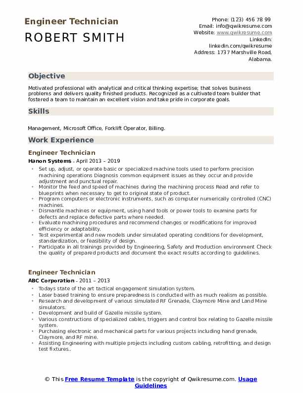 Engineer Technician Resume Samples | QwikResume