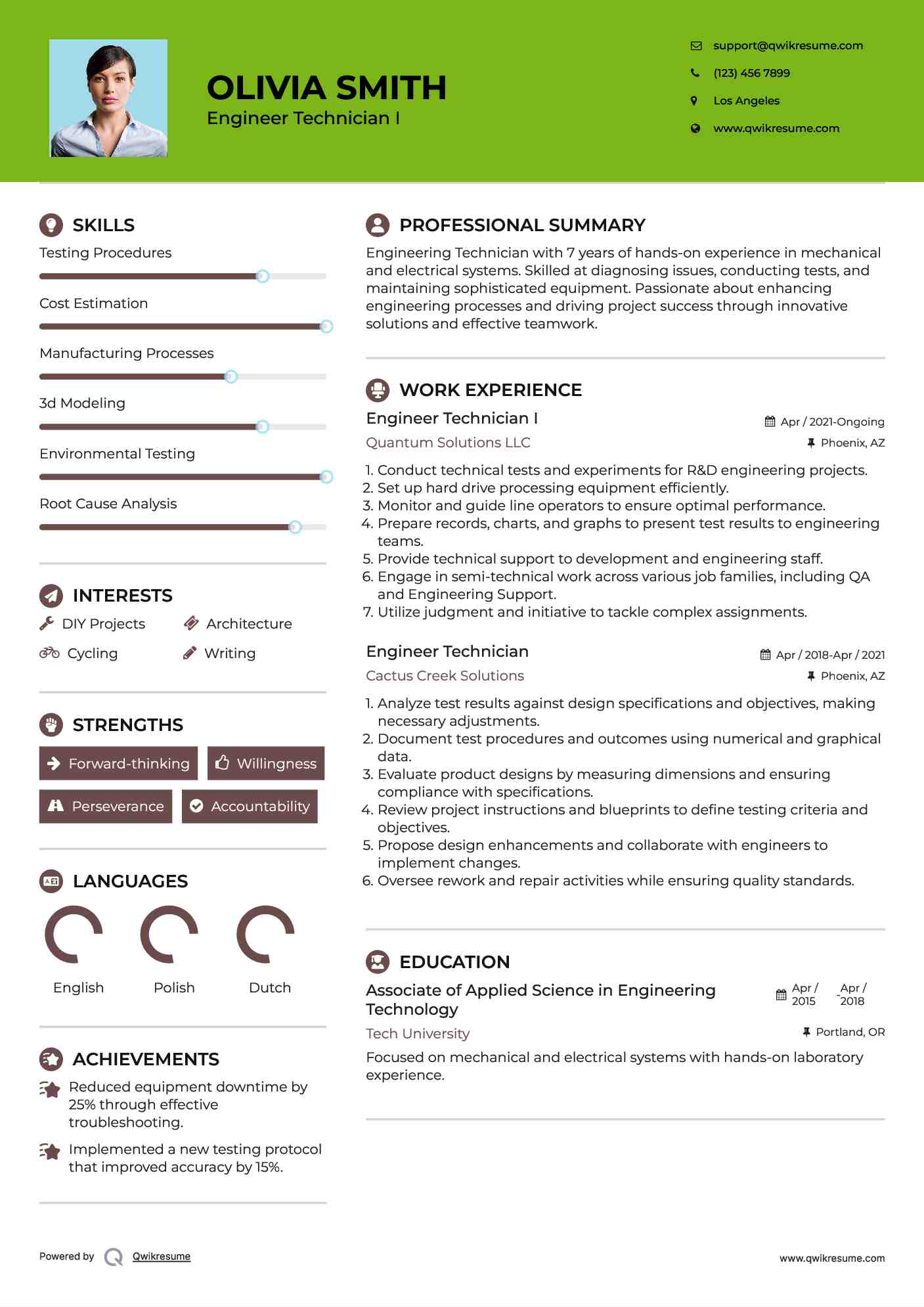 Engineer Technician I Resume Sample