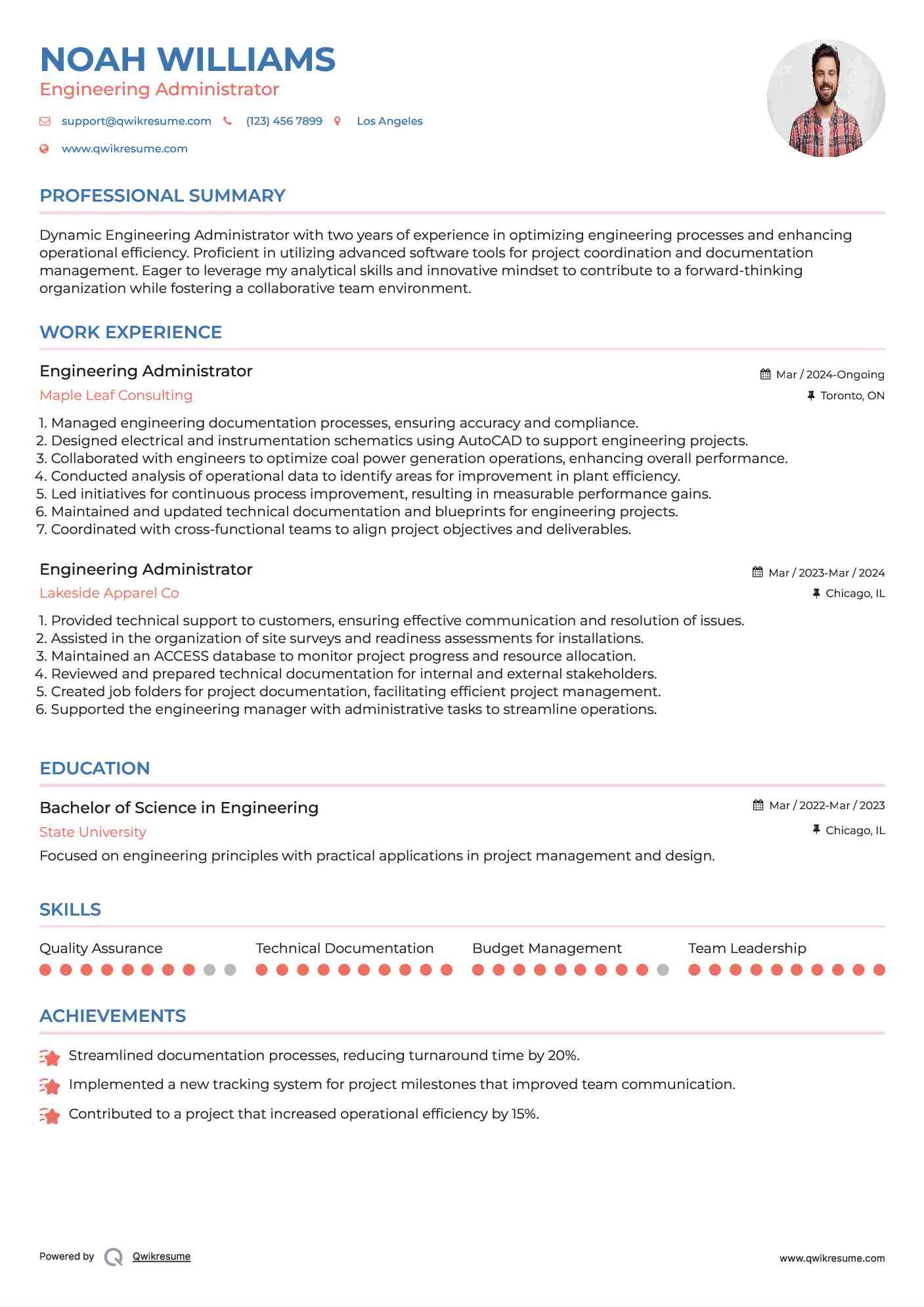 Engineering Administrator Resume Example