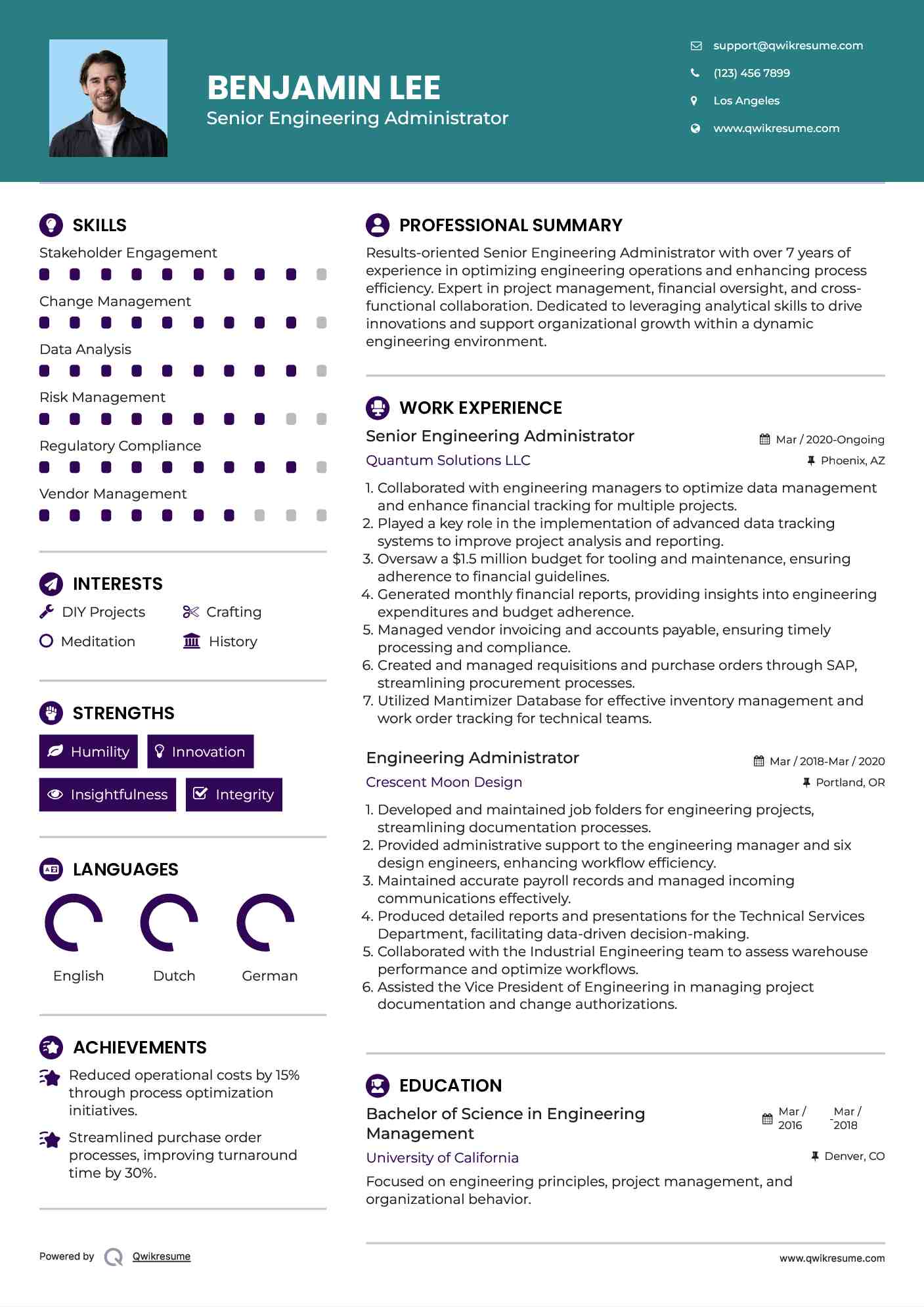 Senior Engineering Administrator Resume Example
