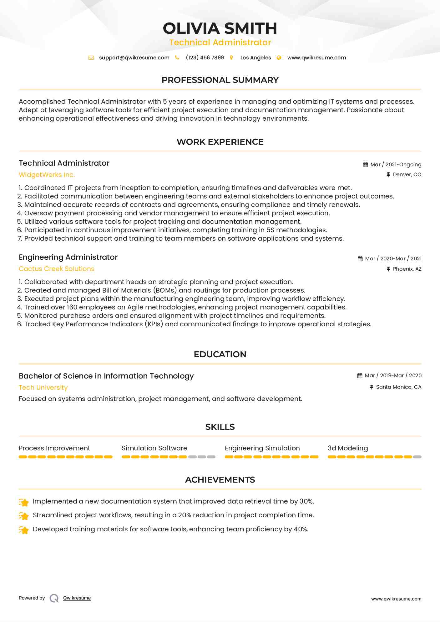 Technical Administrator Resume Template