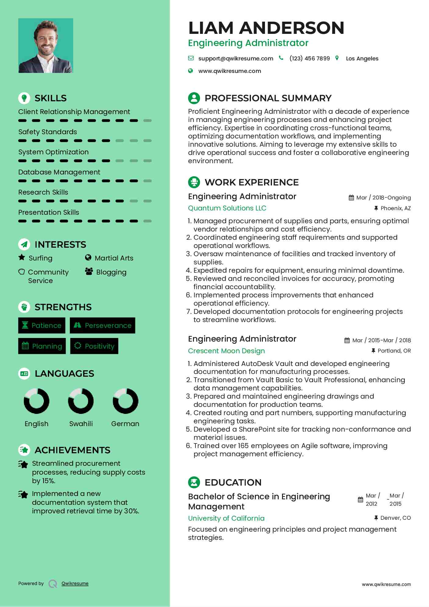 Engineering Administrator Resume Sample