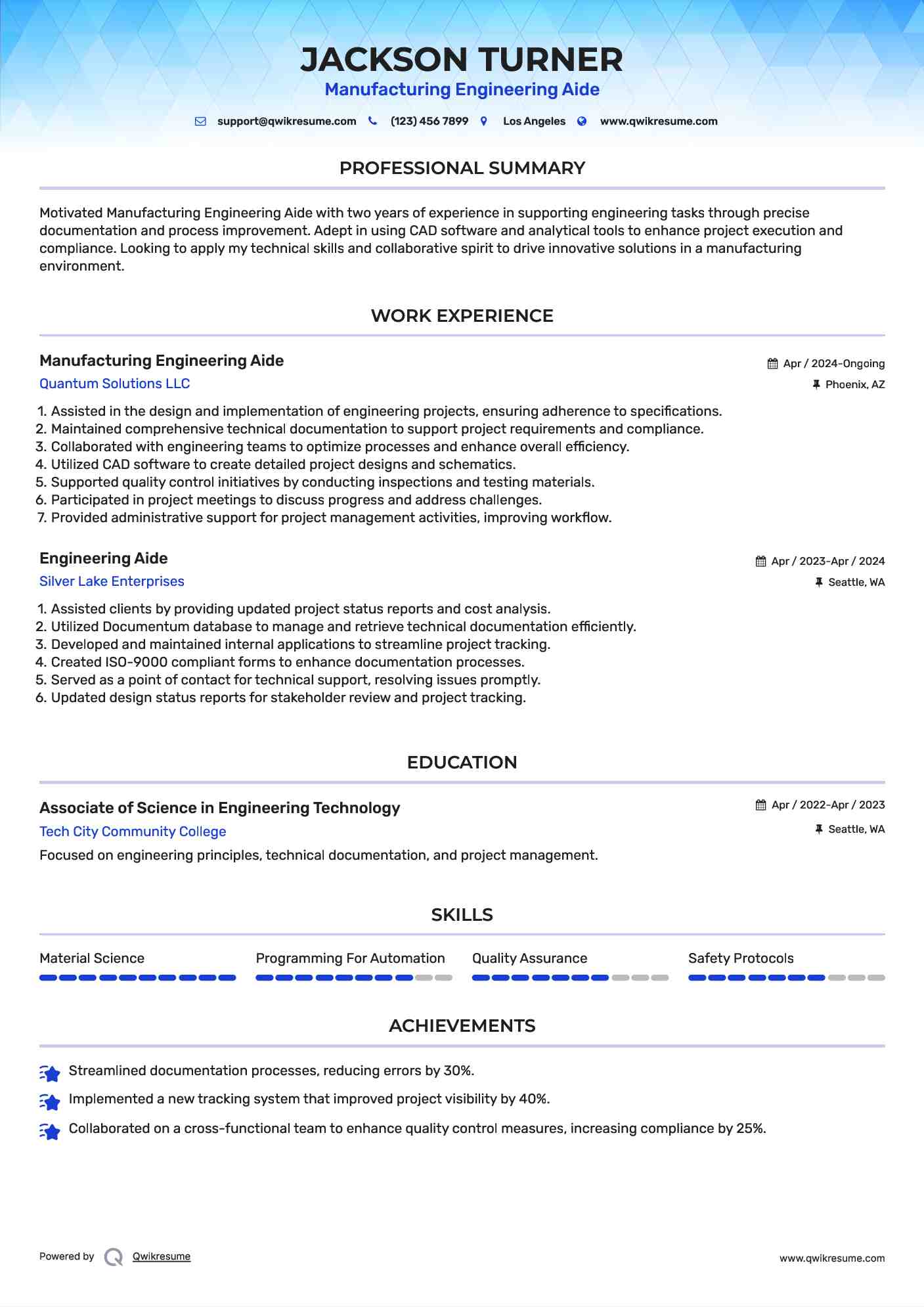 Manufacturing Engineering Aide Resume Template