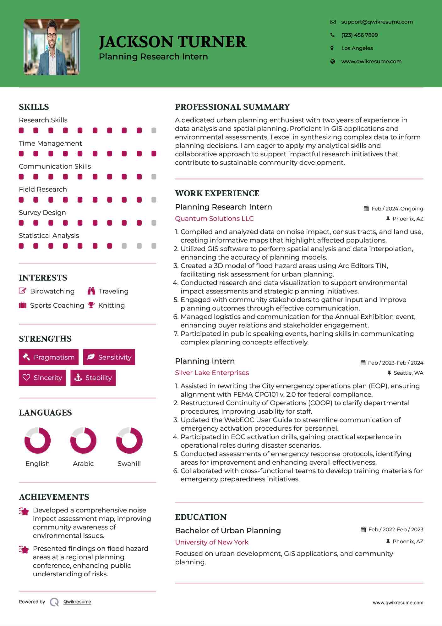 Planning Research Intern Resume Example