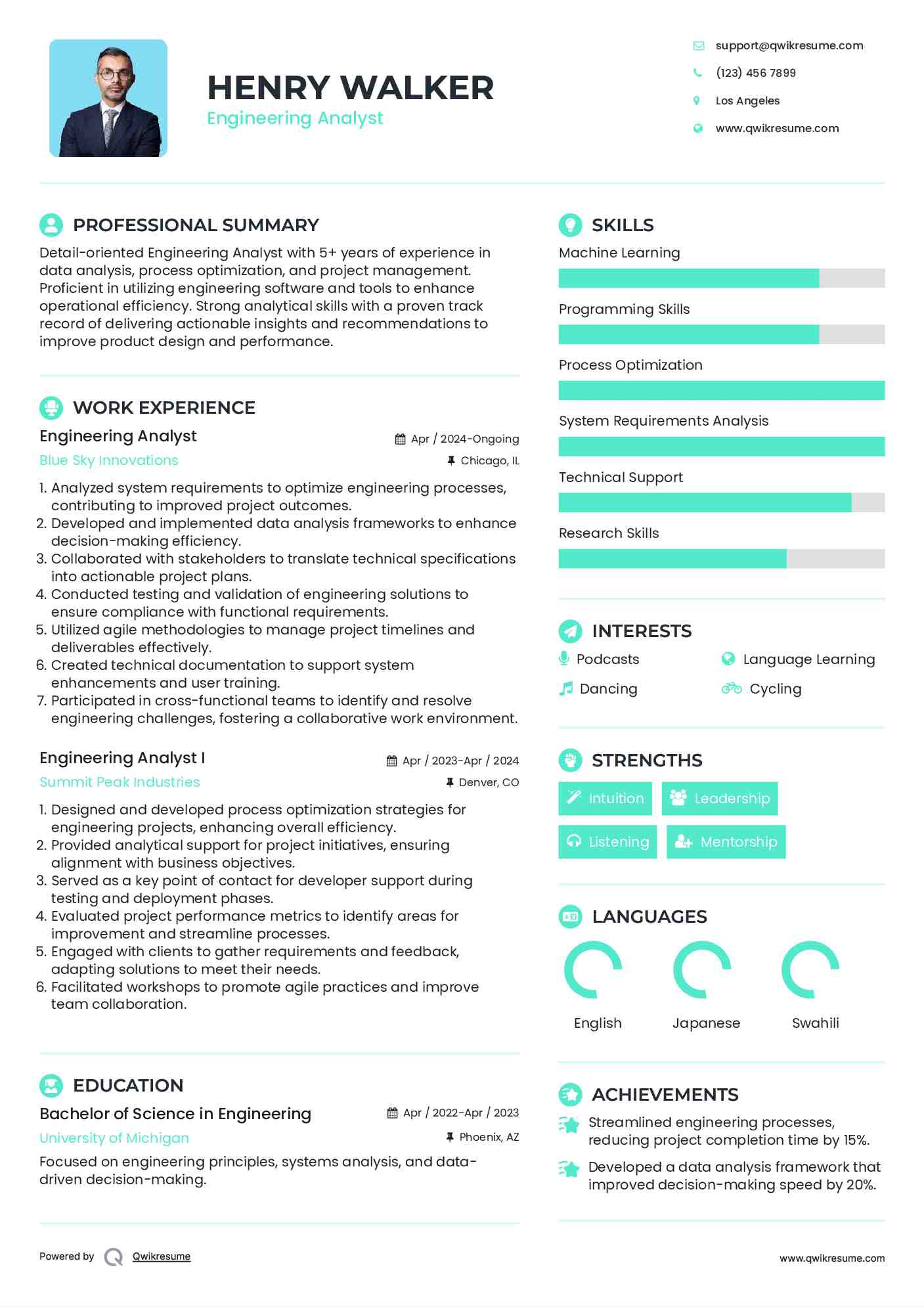 Engineering Analyst Resume Example