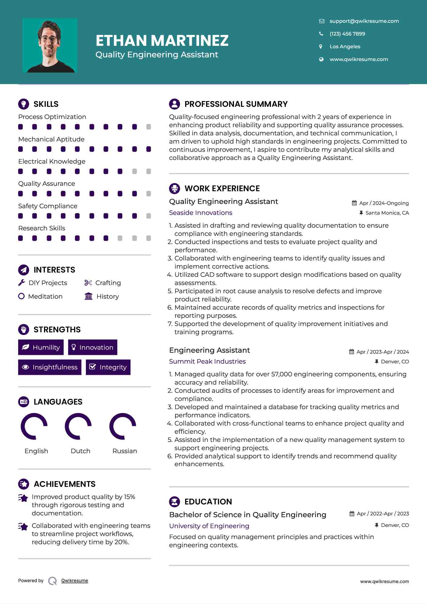 Quality Engineering Assistant Resume Format