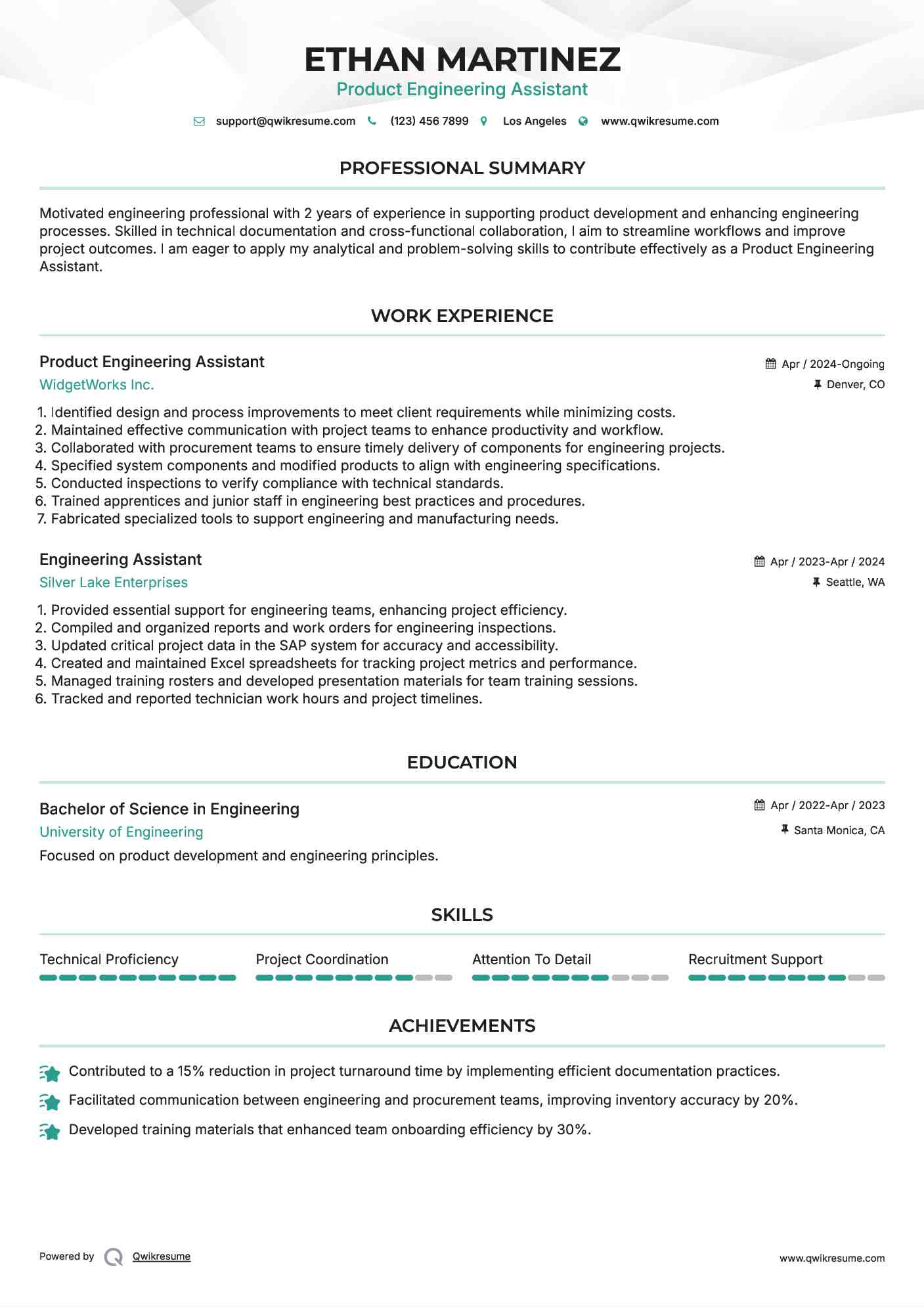 Product Engineering Assistant Resume Format