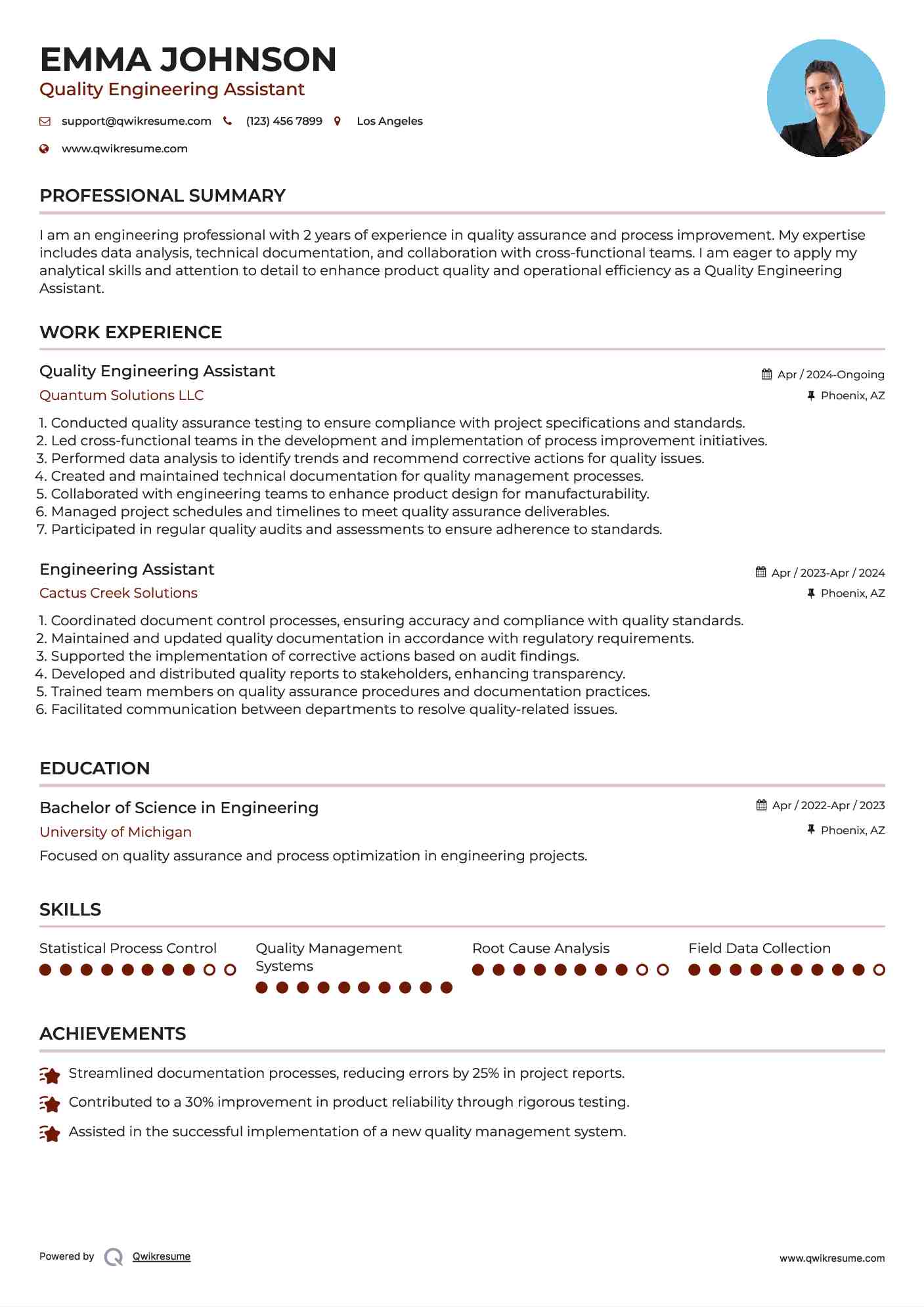 Quality Engineering Assistant Resume Model