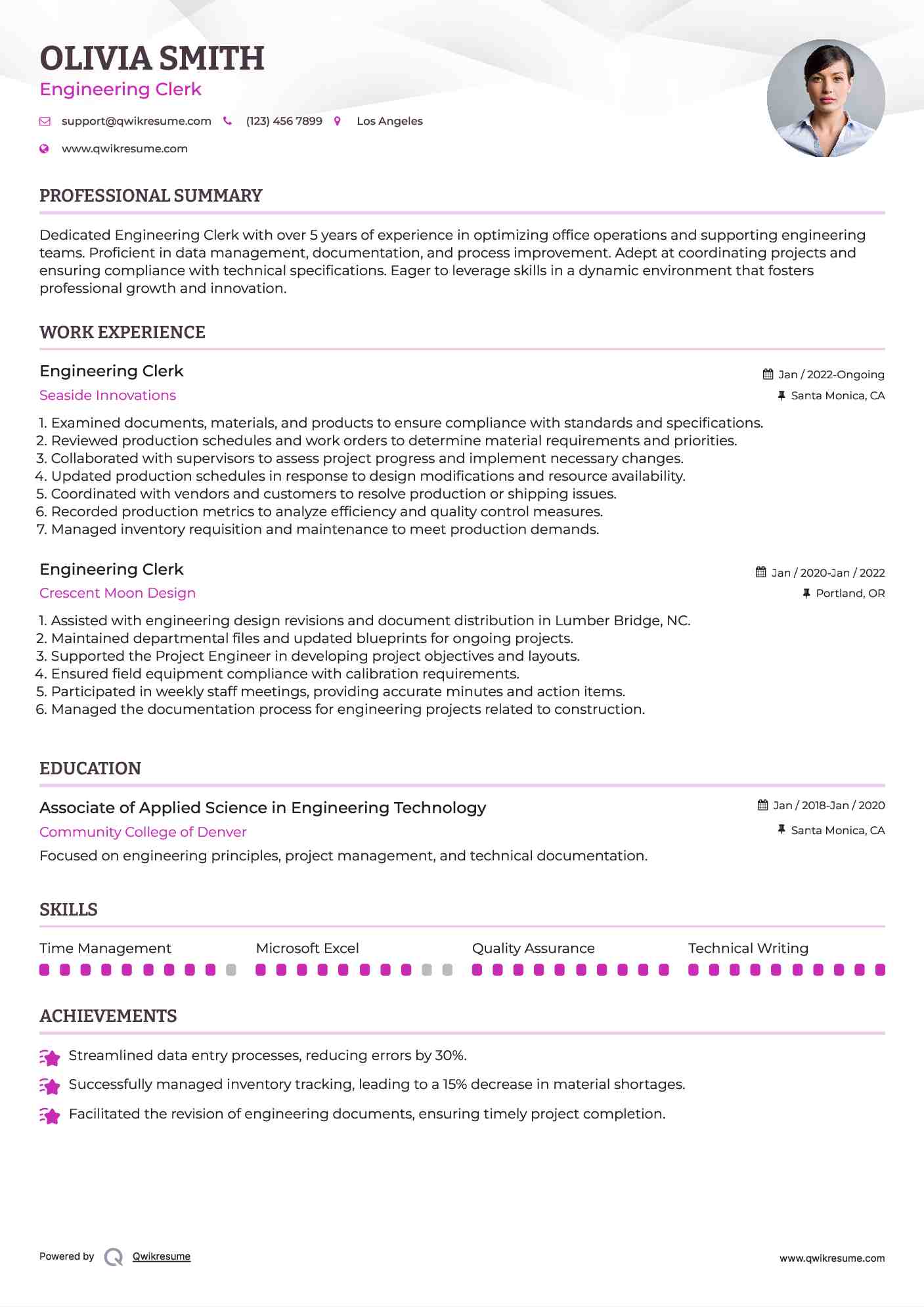 Engineering Clerk Resume Sample