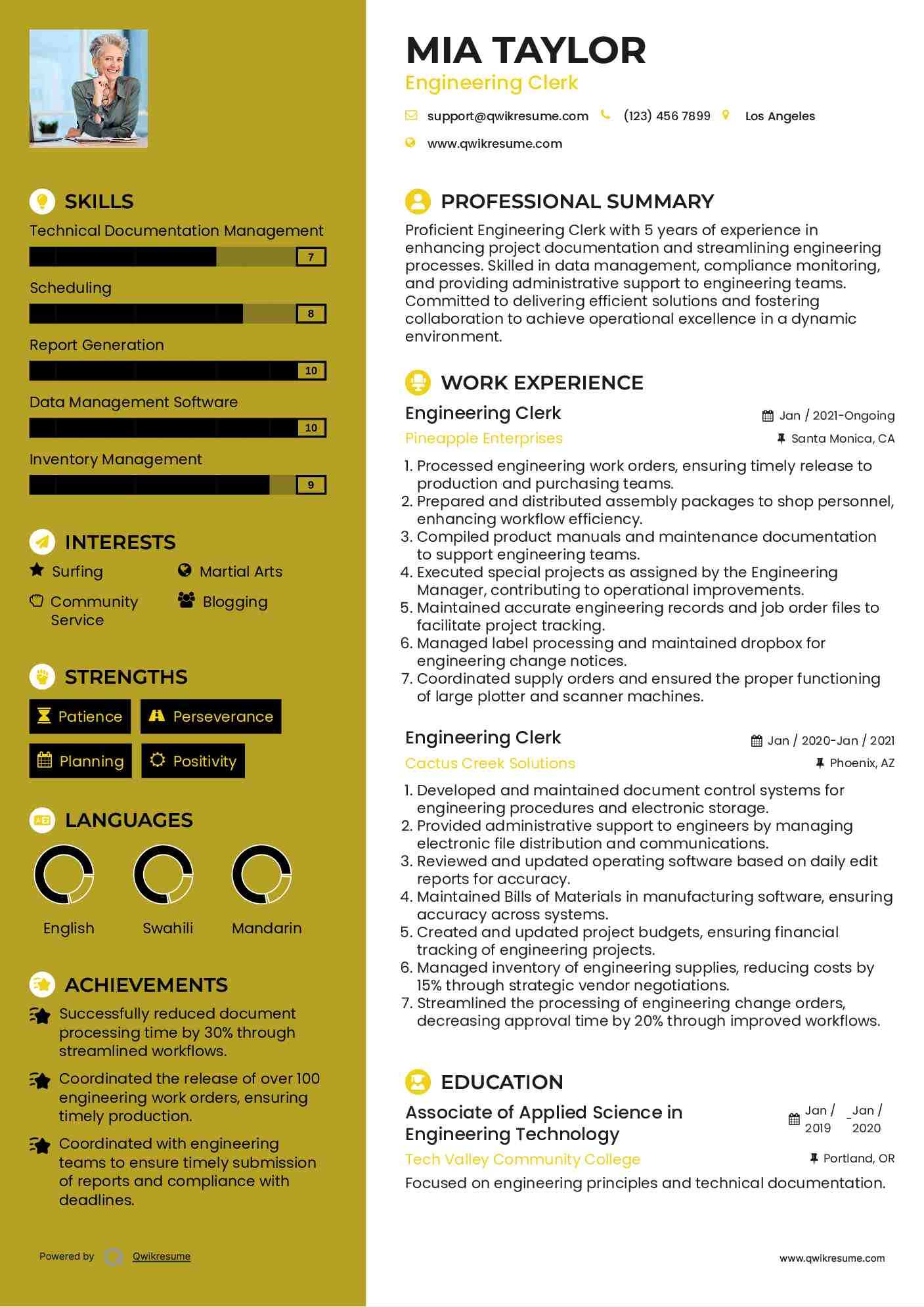 Engineering Clerk Resume Sample