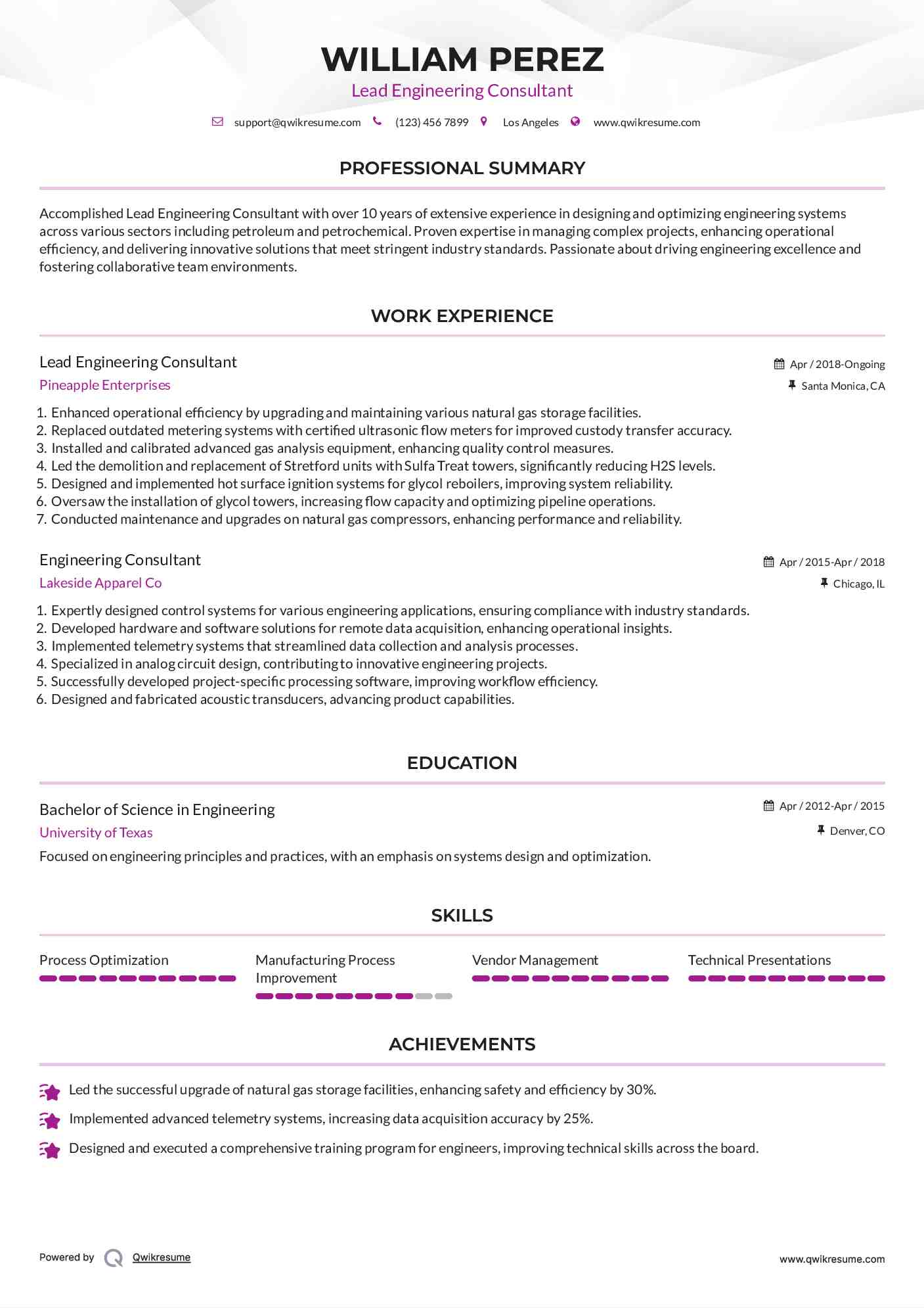 Lead Engineering Consultant Resume Format