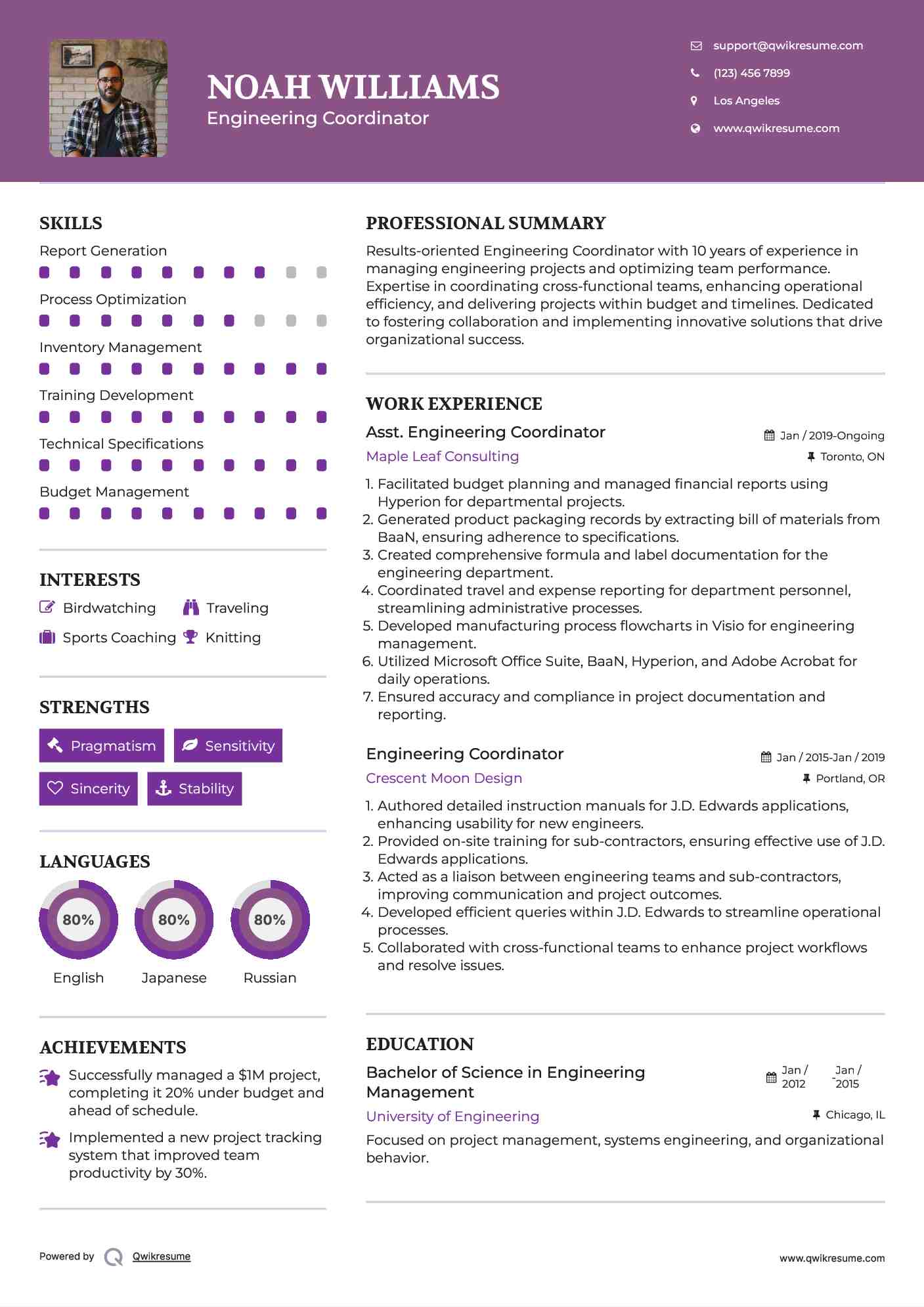 Asst. Engineering Coordinator Resume Template