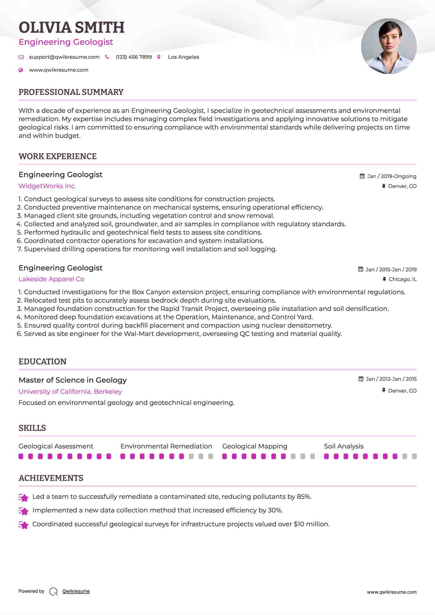 Engineering Geologist Resume Sample