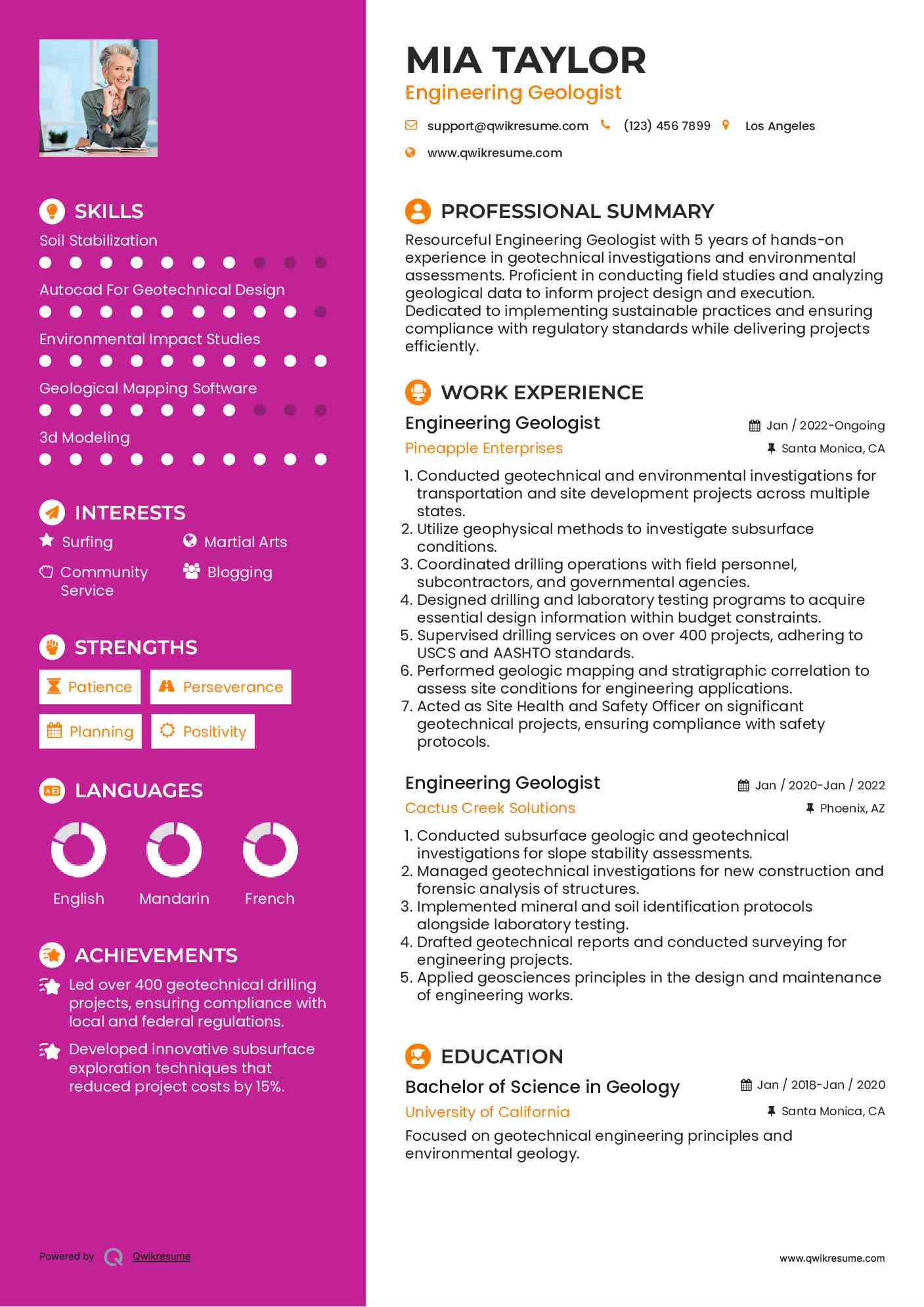 Engineering Geologist Resume Sample