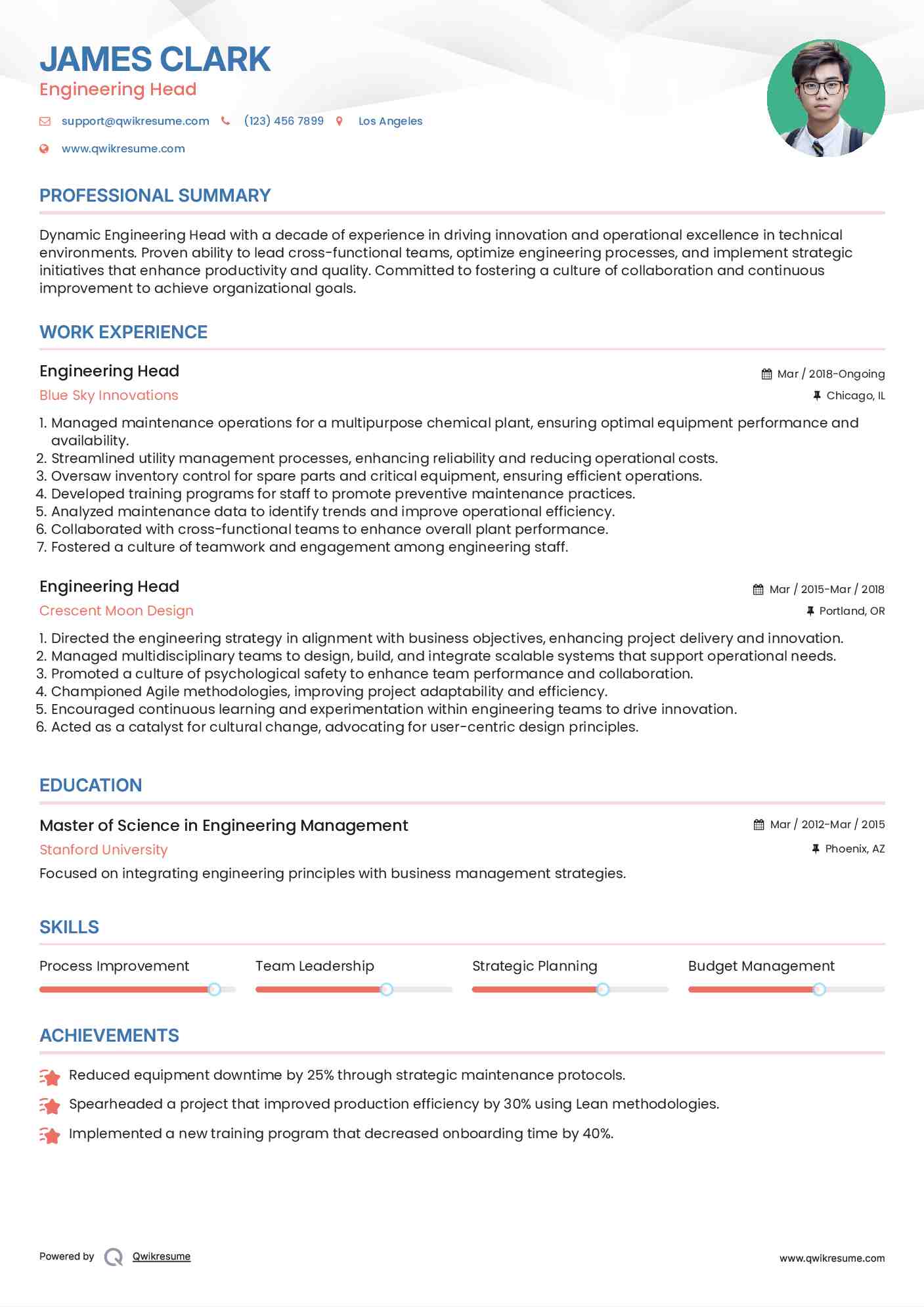 Engineering Head Resume Example