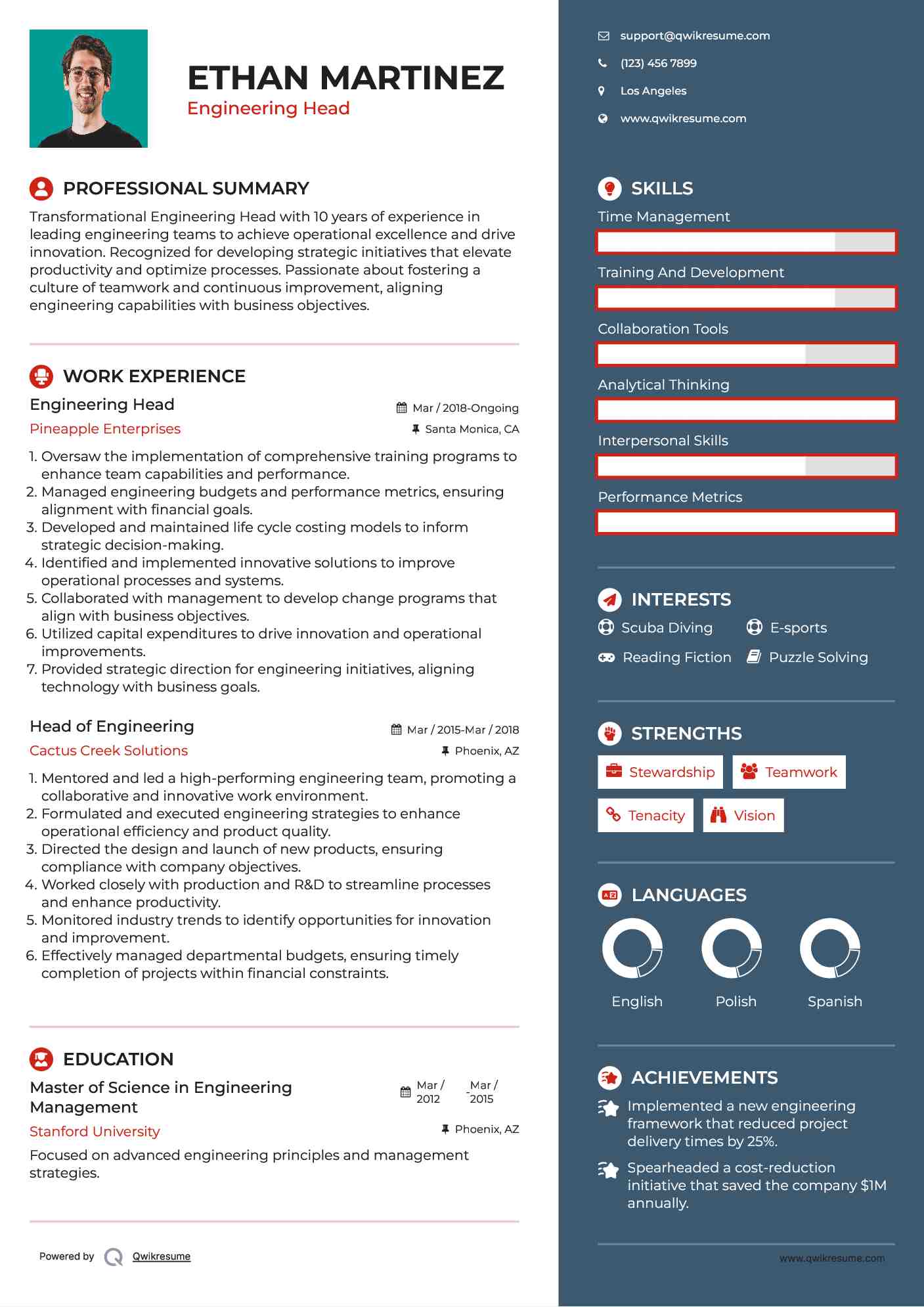 Engineering Head Resume Example