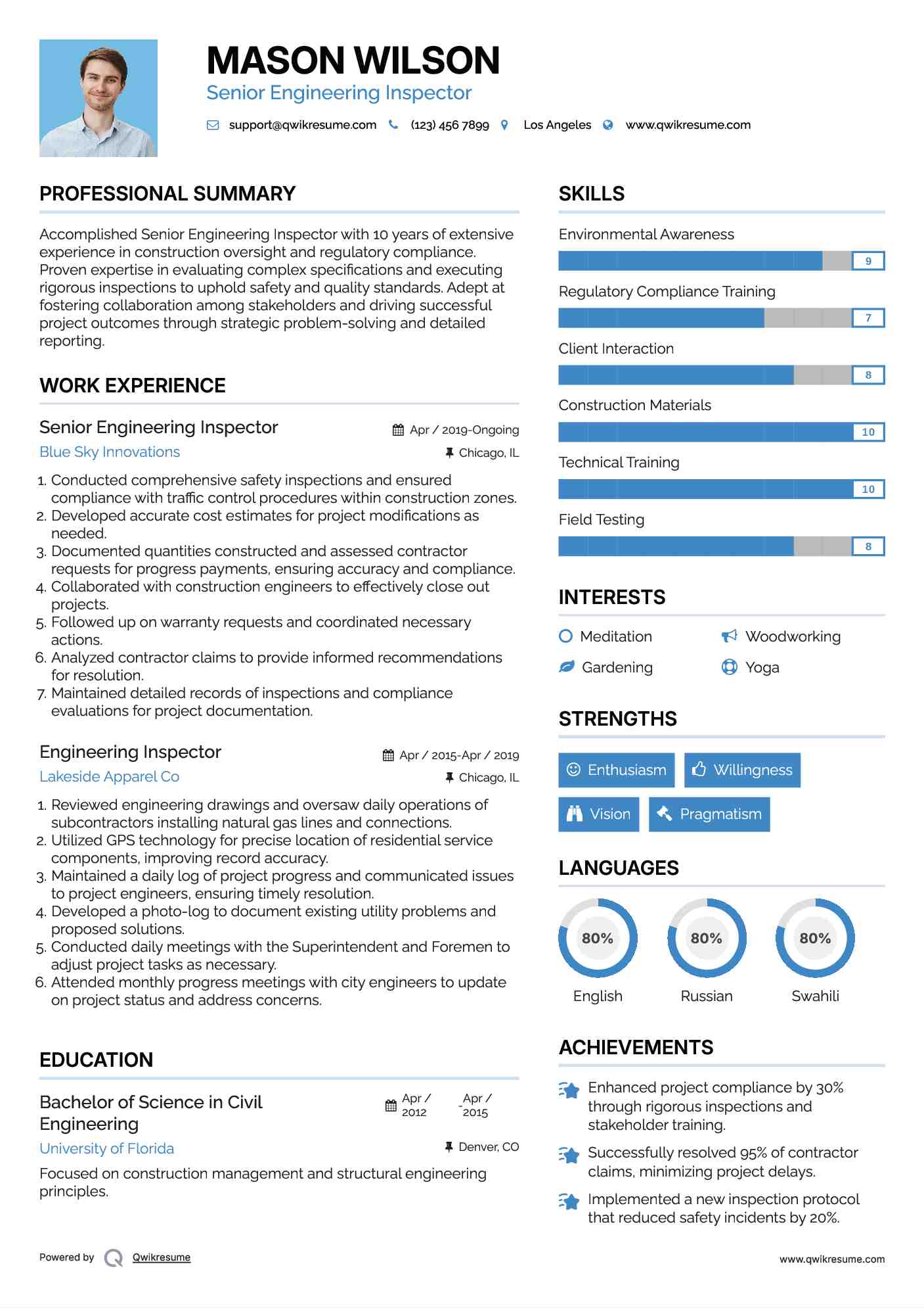 Junior Engineering Inspector Resume Example