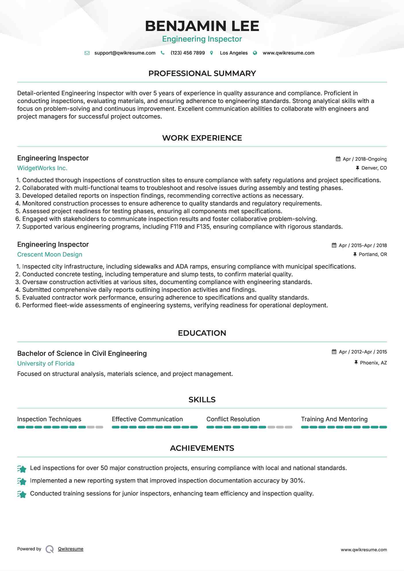 Engineering Inspector Resume Format
