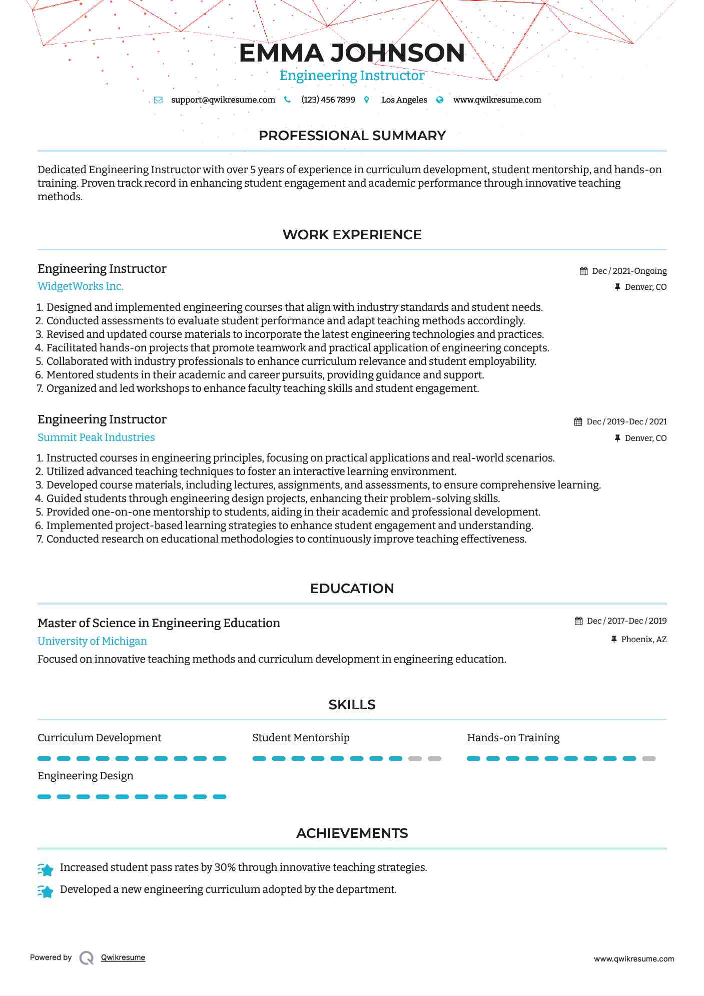 Engineering Instructor Resume Format