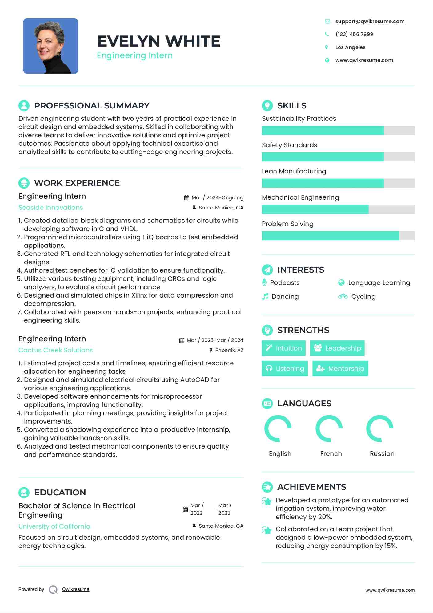 Engineering Intern Resume Example