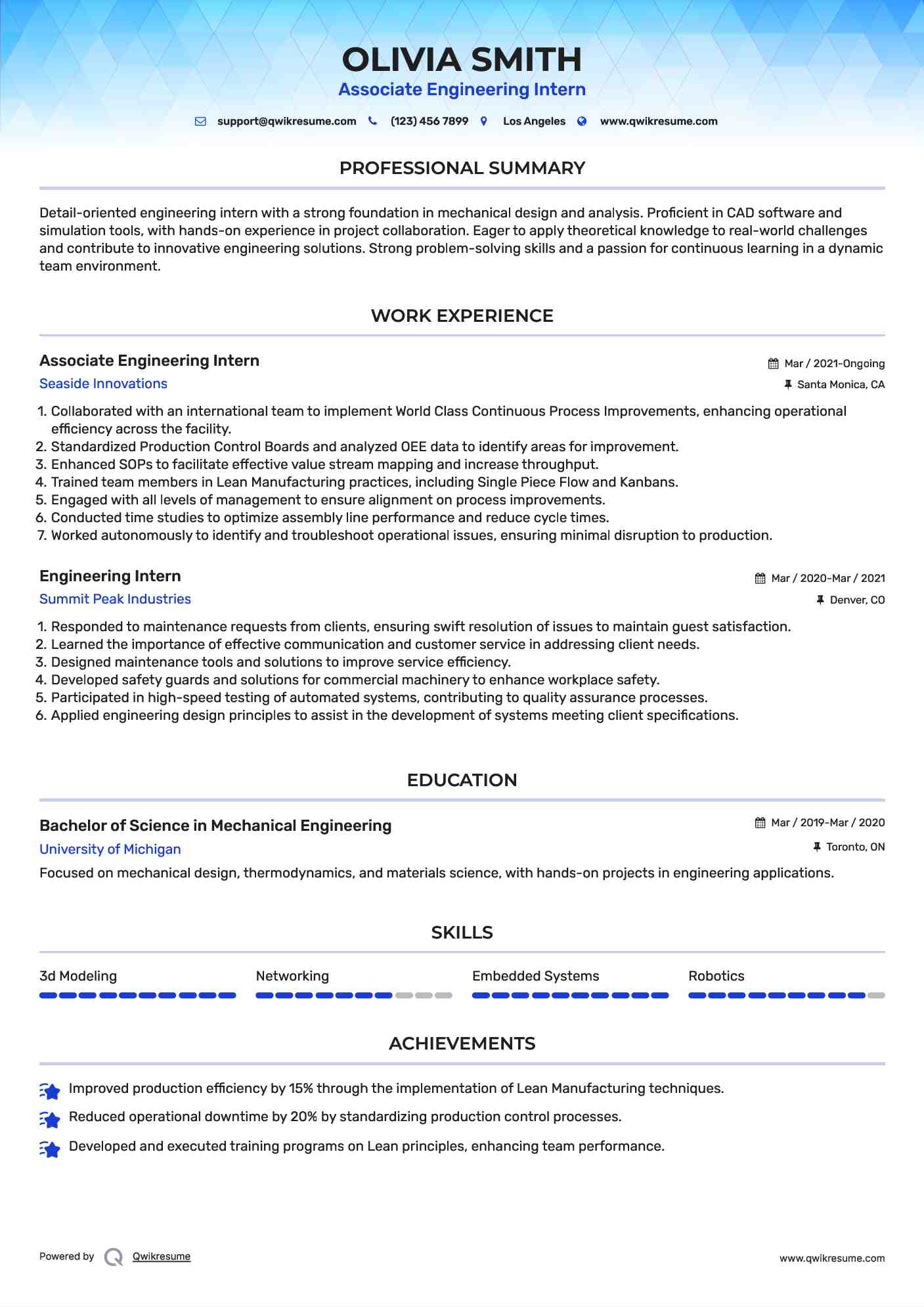 Associate Engineering Intern Resume Sample