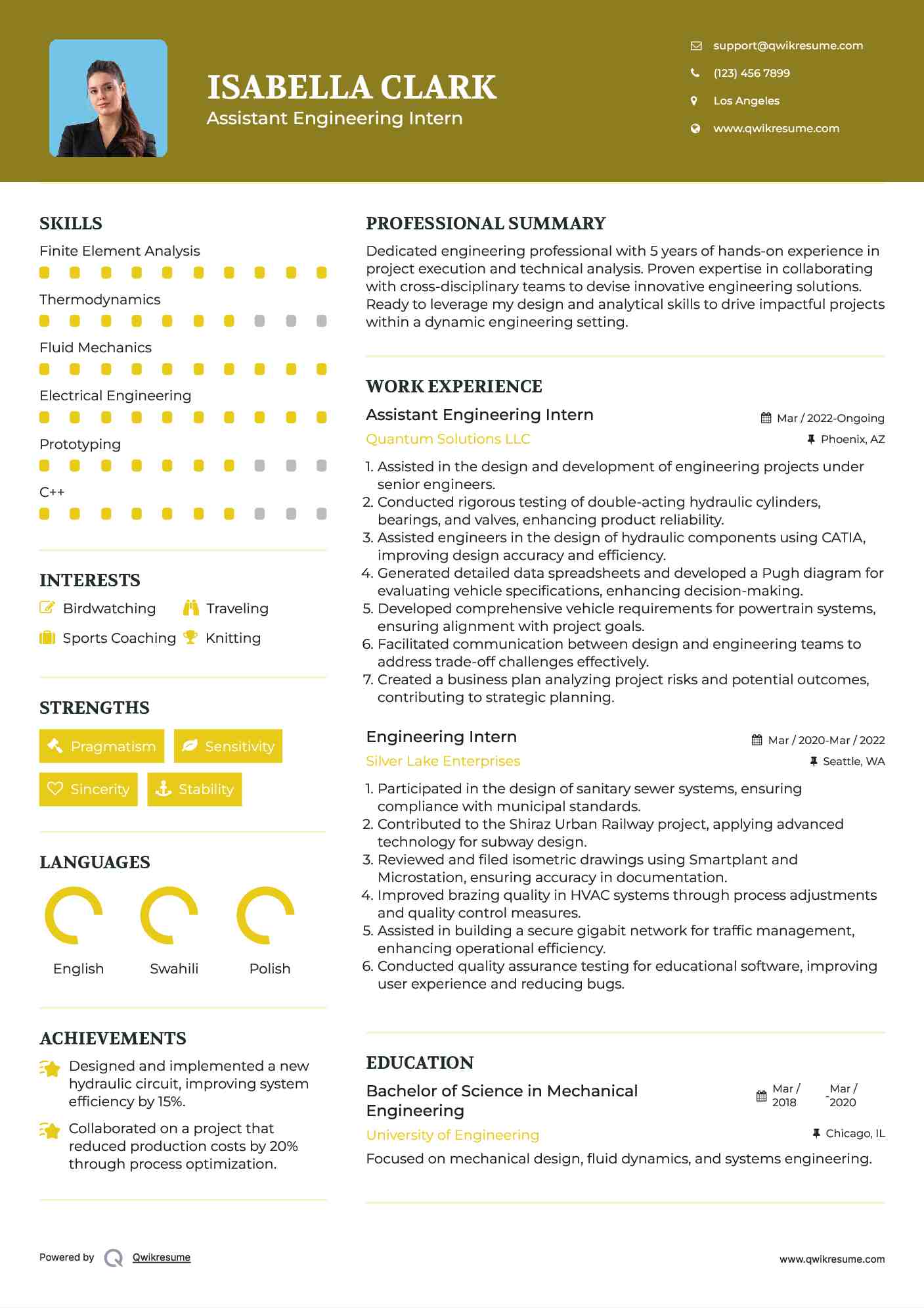 Assistant Engineering Intern Resume Example