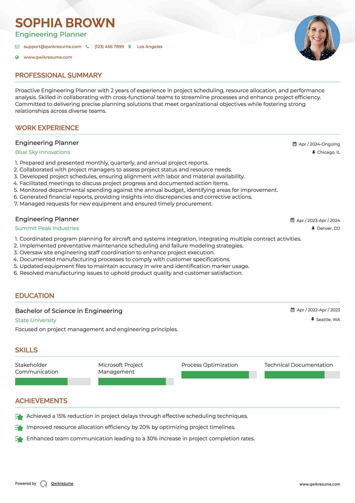 Engineering Planner Resume Example