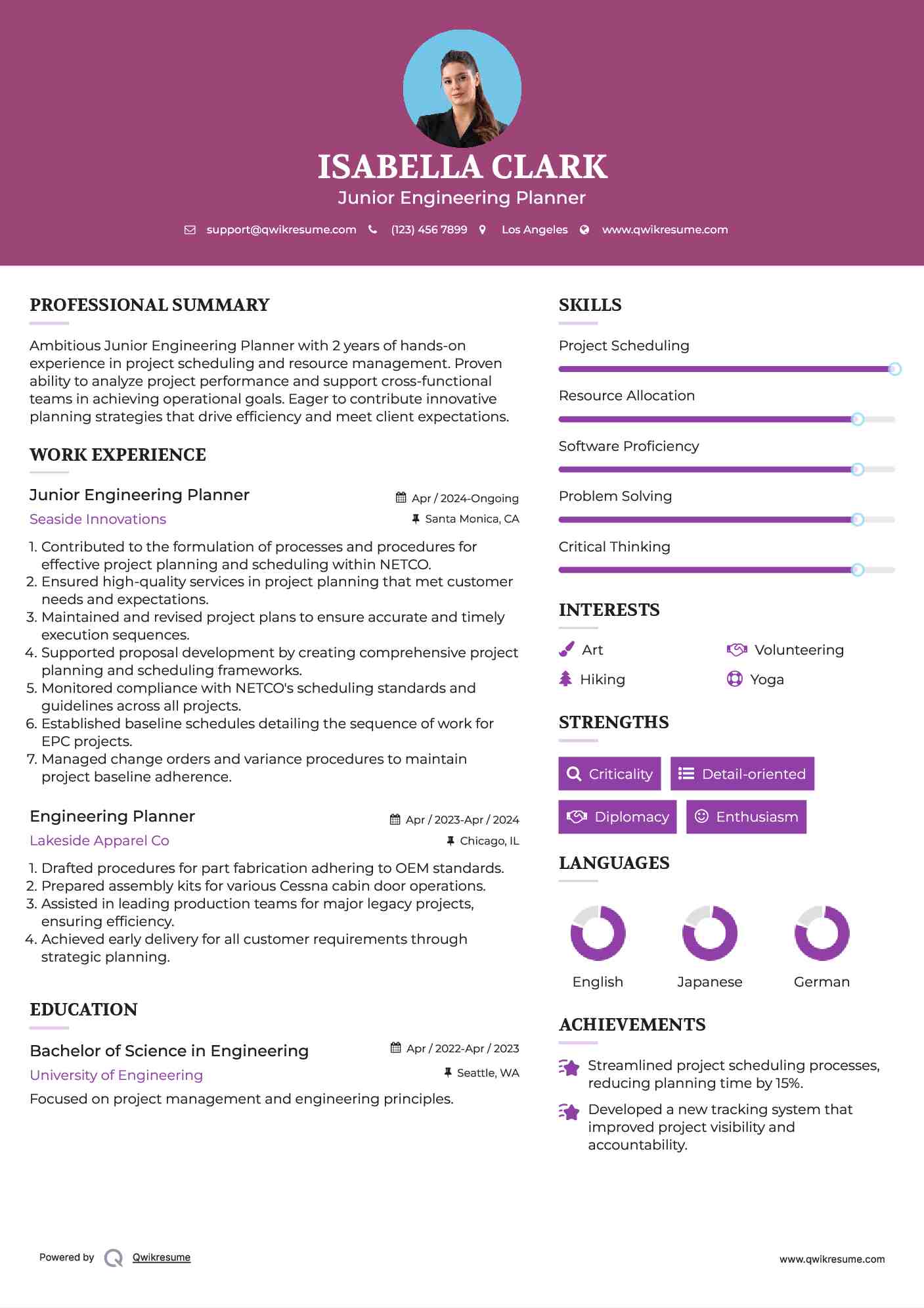 Junior Engineering Planner Resume Model