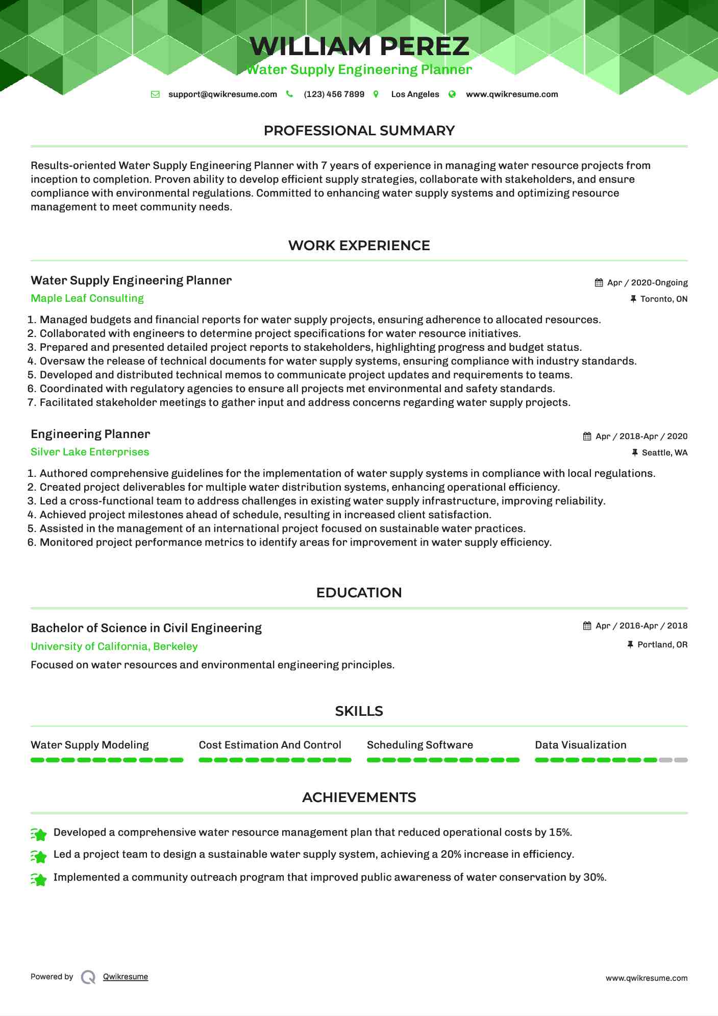 Water Supply Engineering Planner Resume Format