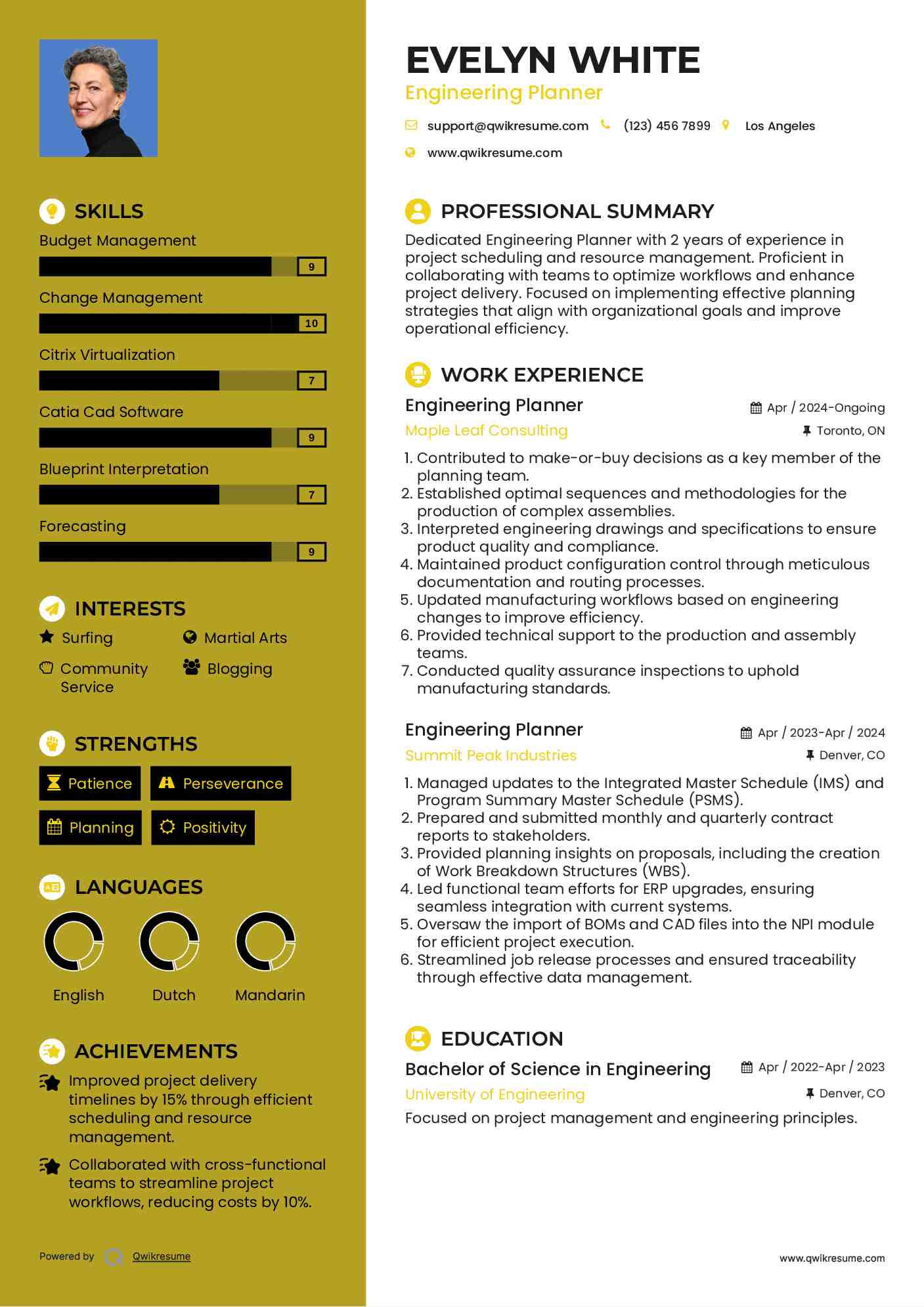 Engineering Planner Resume Example