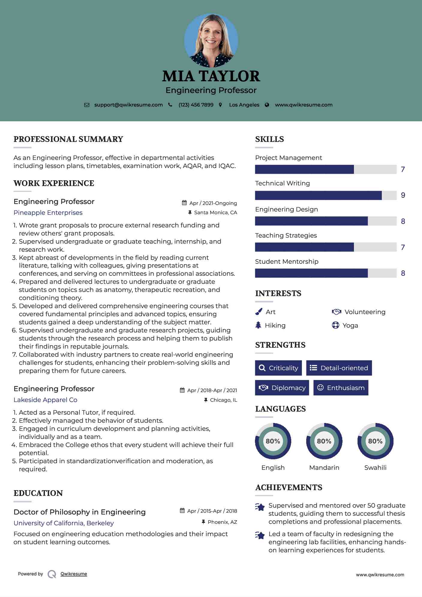 Engineering Professor Resume Model