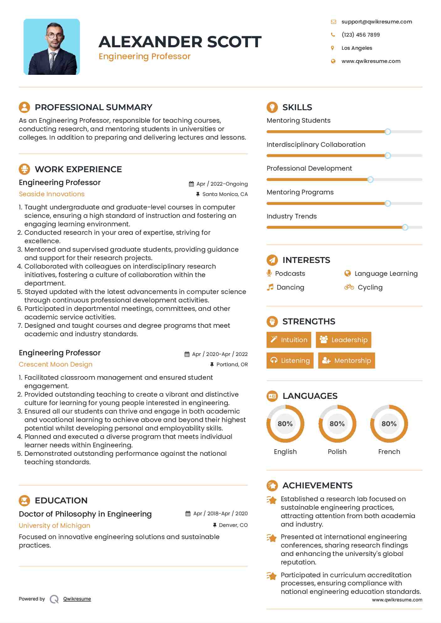 Engineering Professor Resume Example