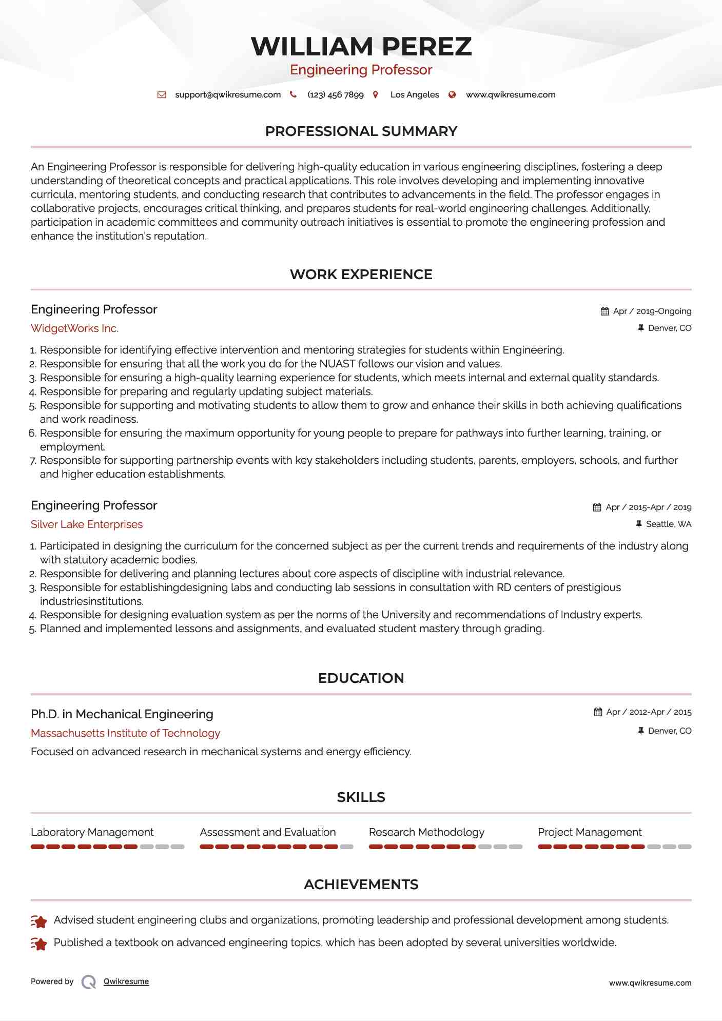 Engineering Professor Resume Template