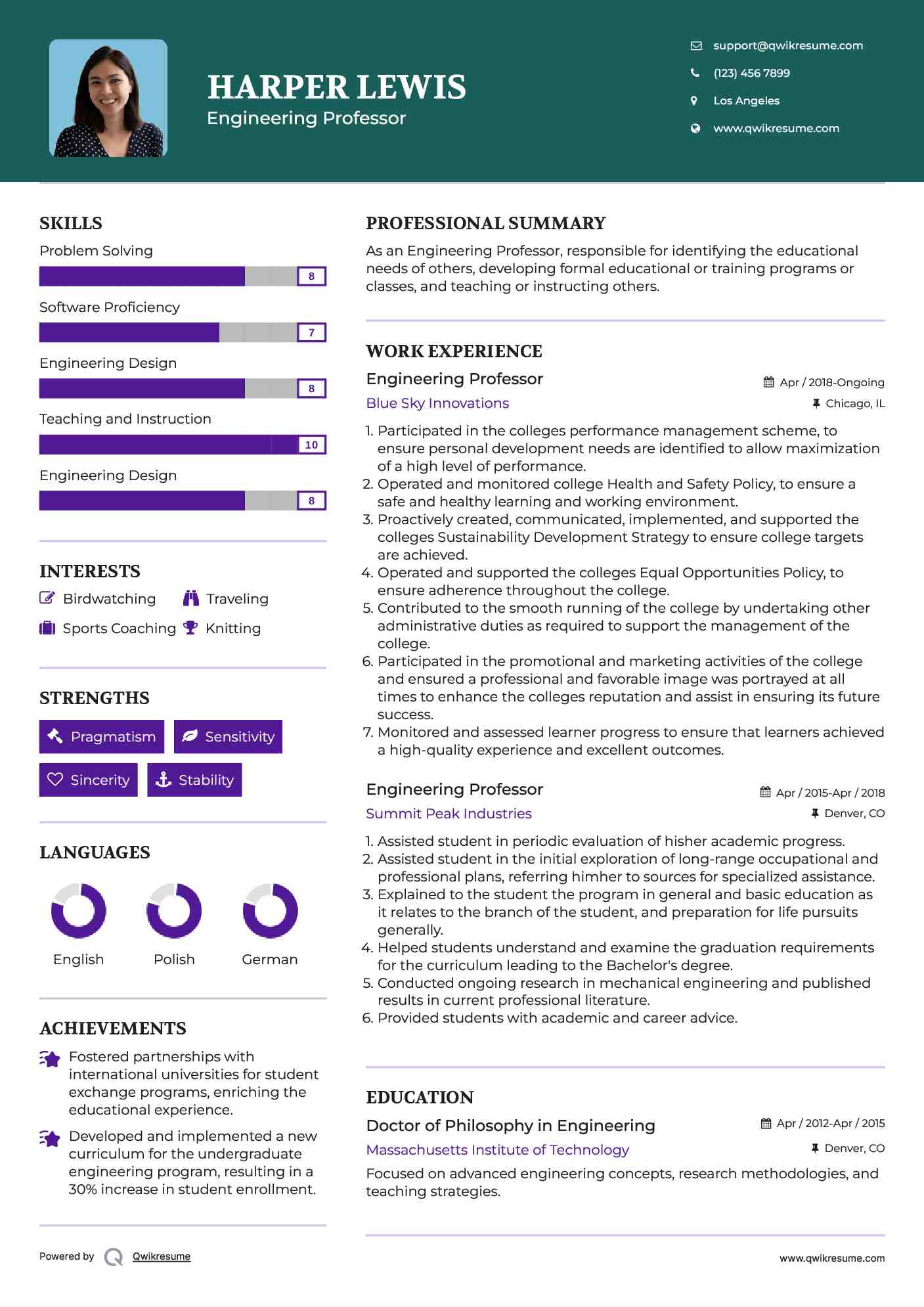 Engineering Professor Resume Example