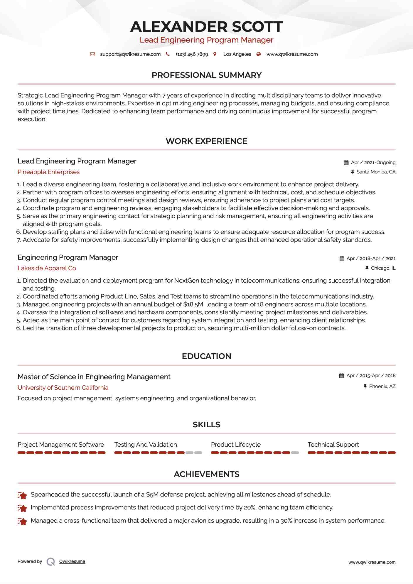 Lead Engineering Program Manager Resume Format