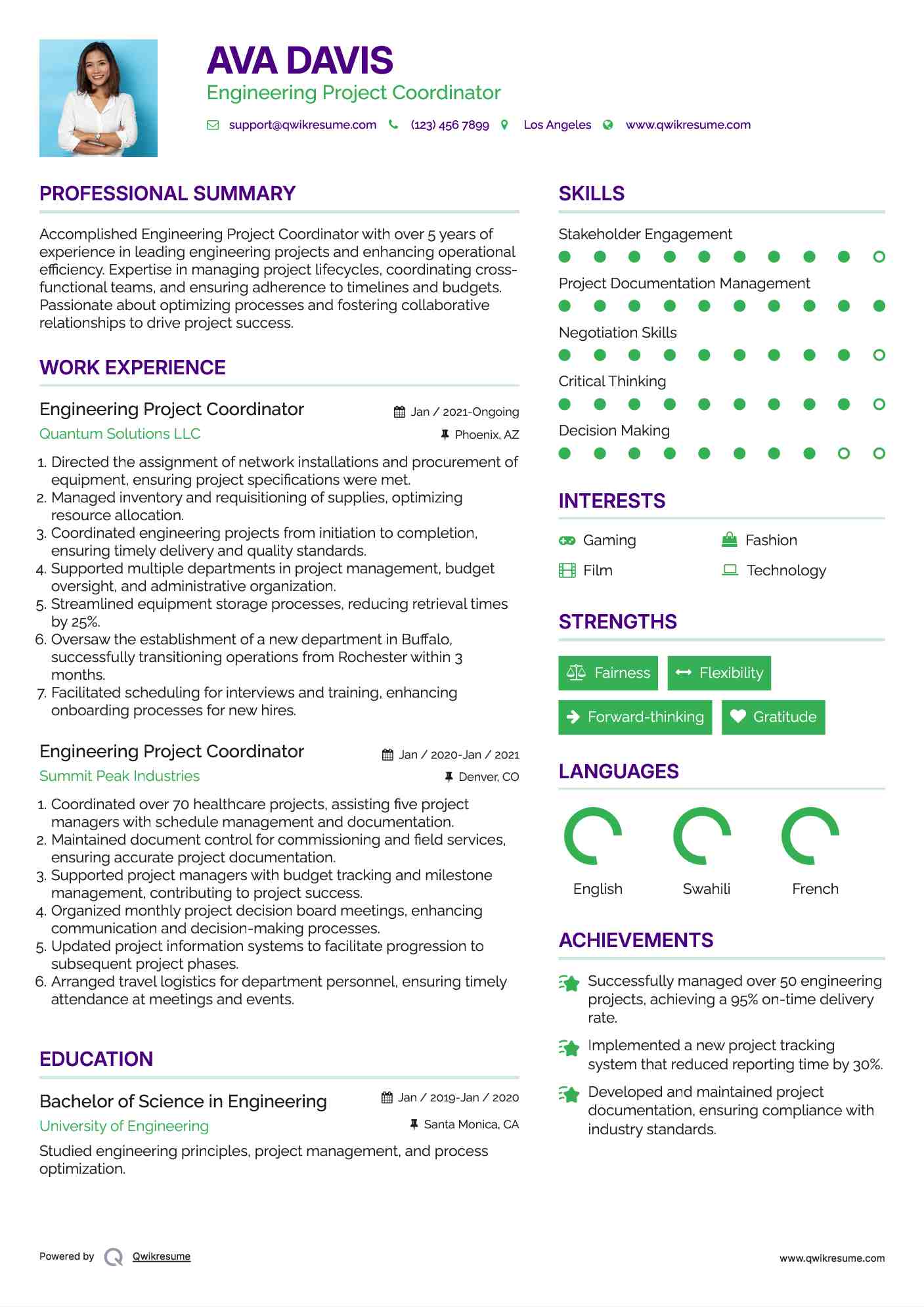Engineering Project Coordinator Resume Template