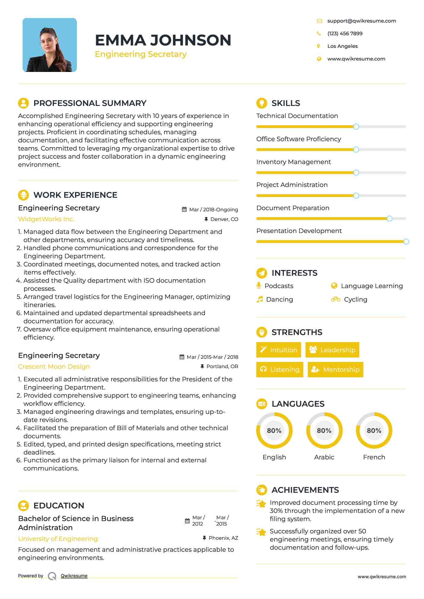 Engineering Secretary Resume Sample