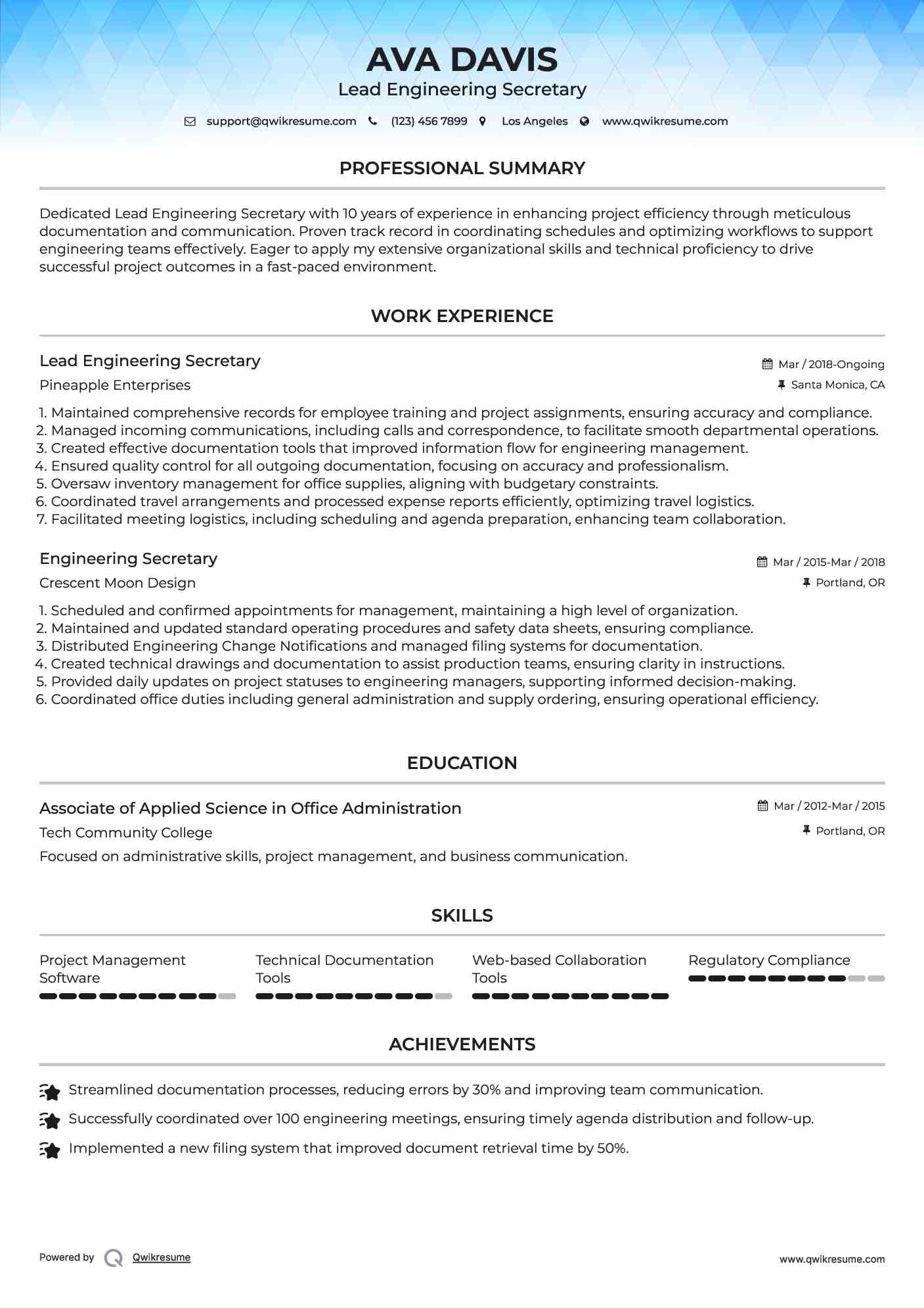 Lead Engineering Secretary Resume Example