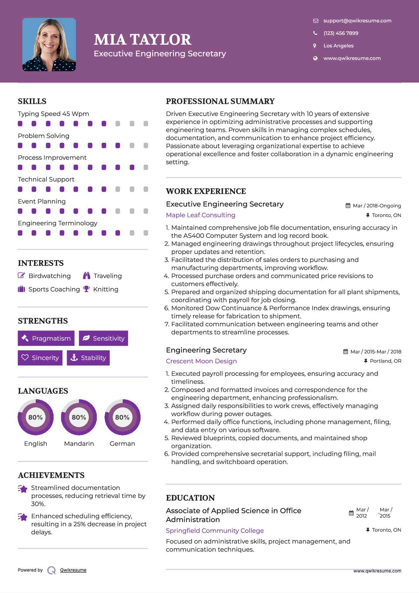 Executive Engineering Secretary Resume Template