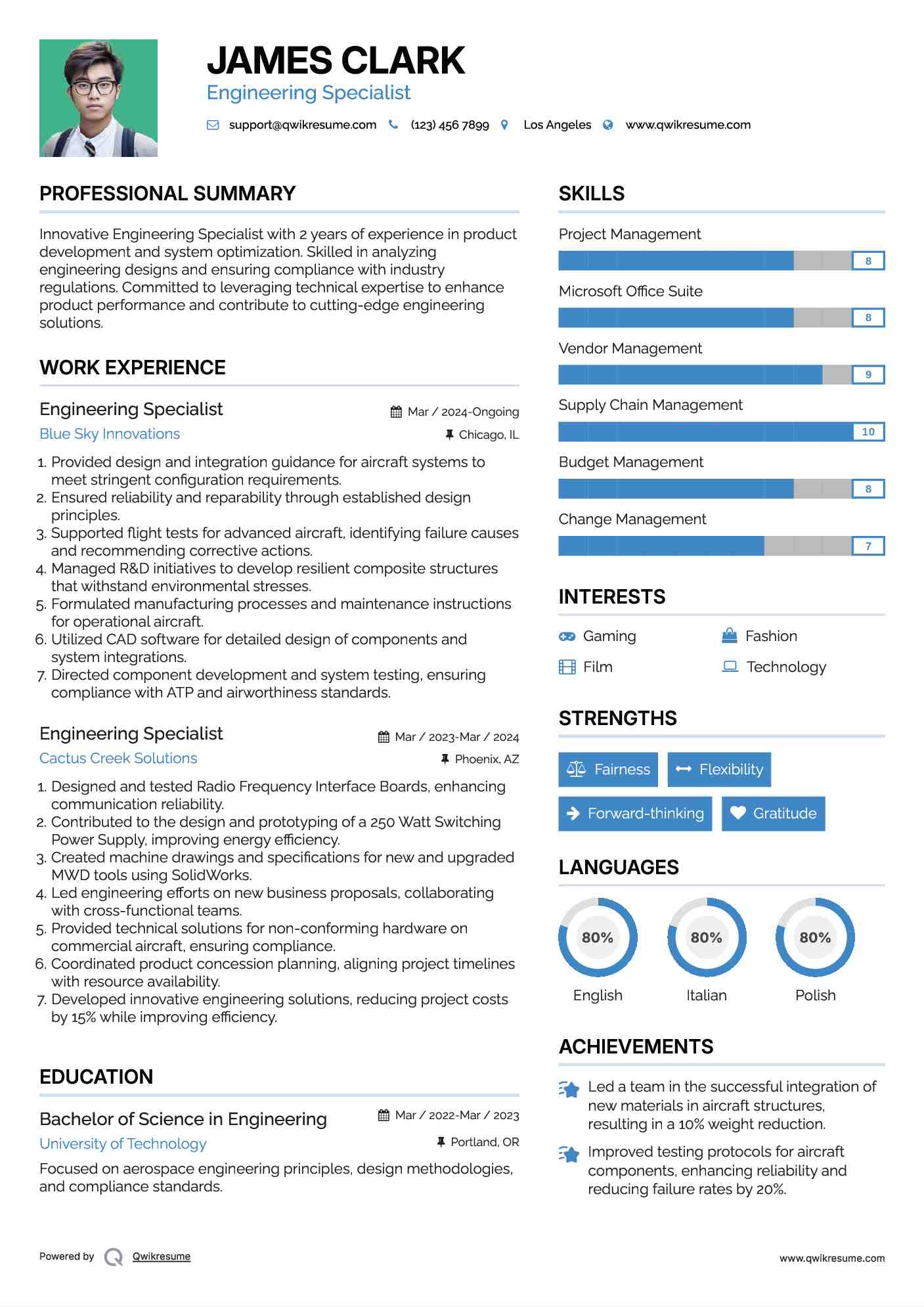 Engineering Specialist Resume Example