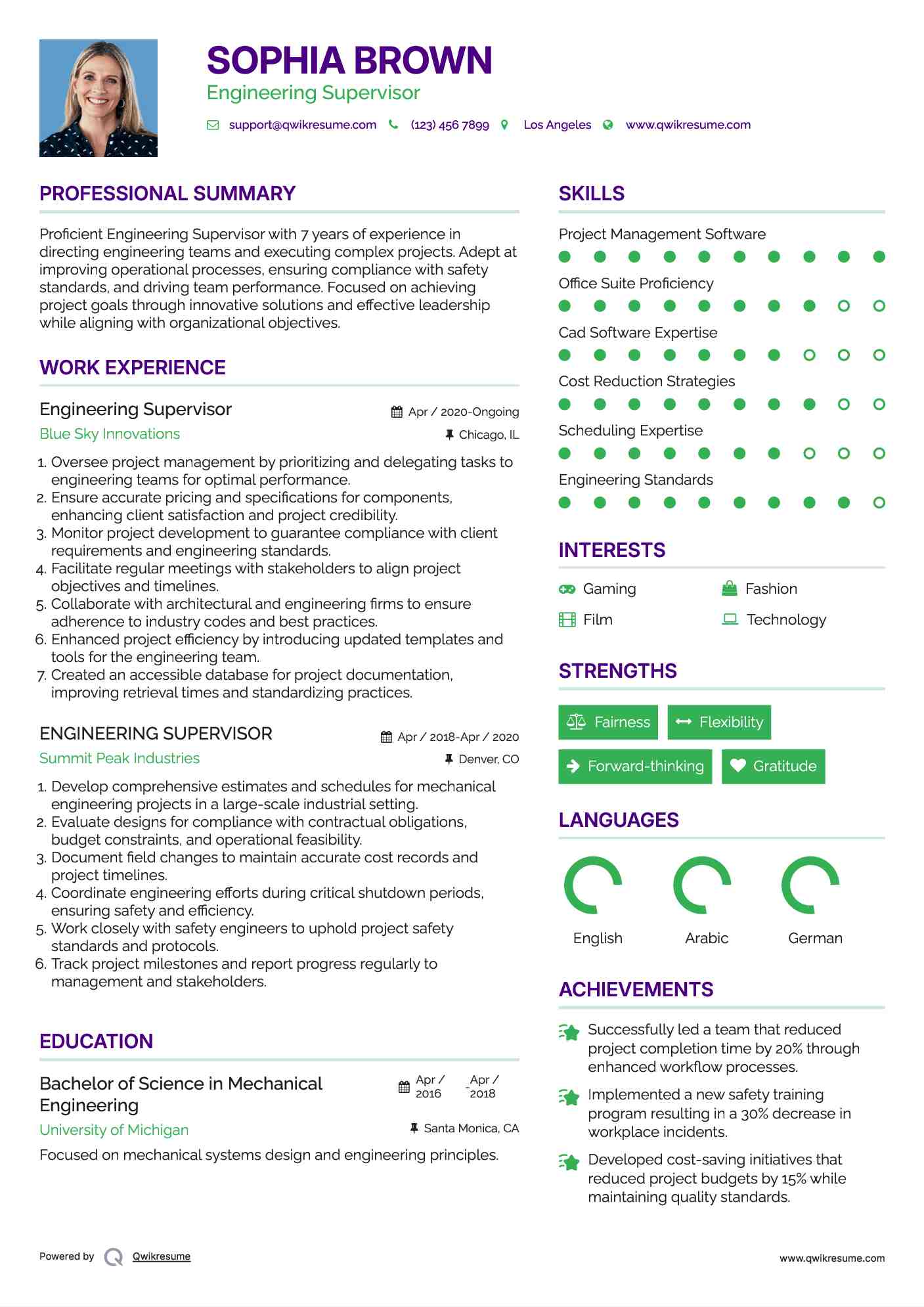 Engineering Supervisor Resume Example