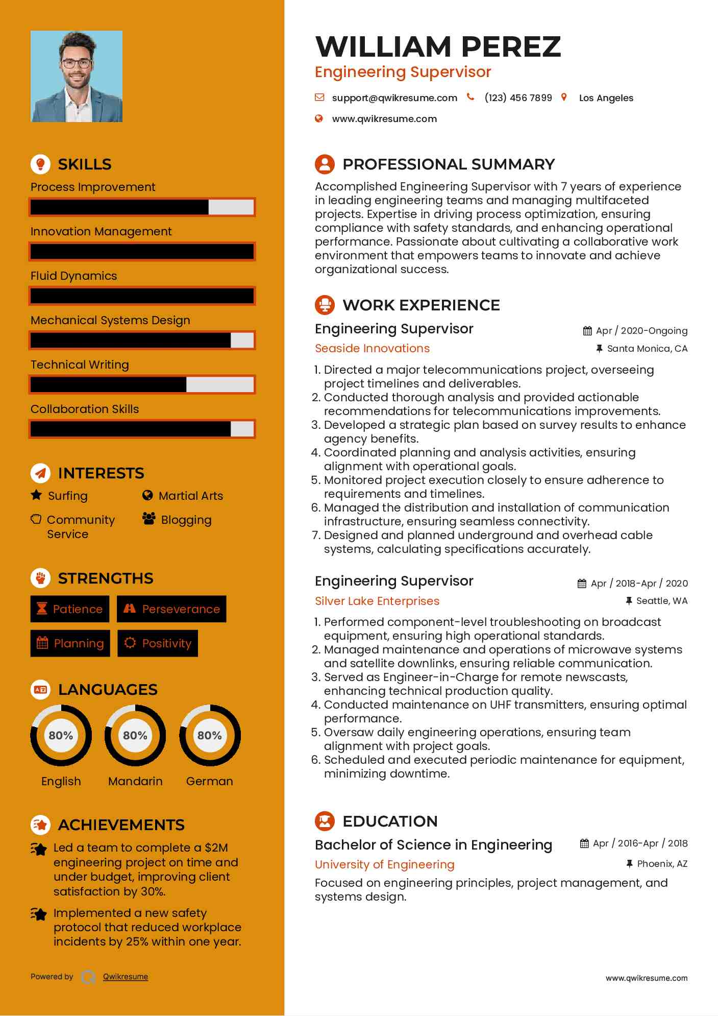 Engineering Supervisor Resume Example