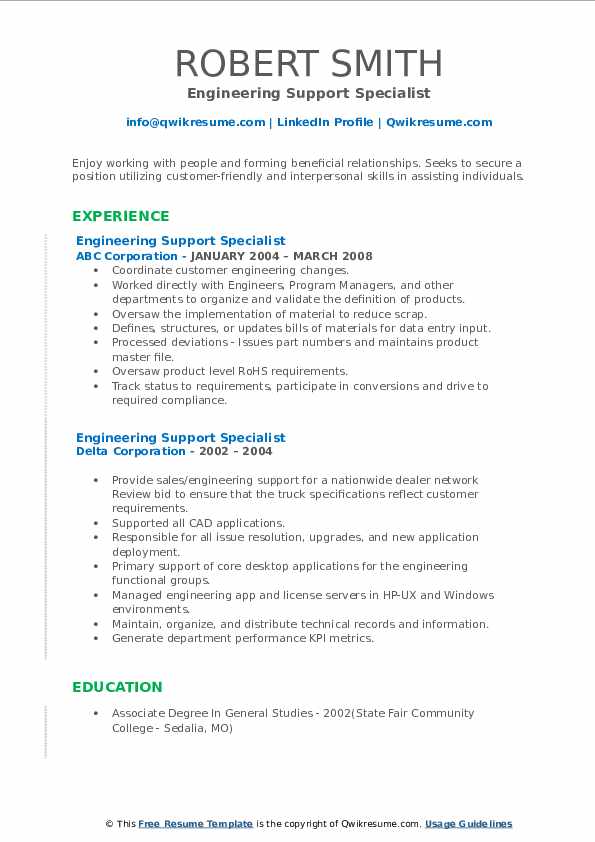 Engineering Support Specialist Resume Samples QwikResume