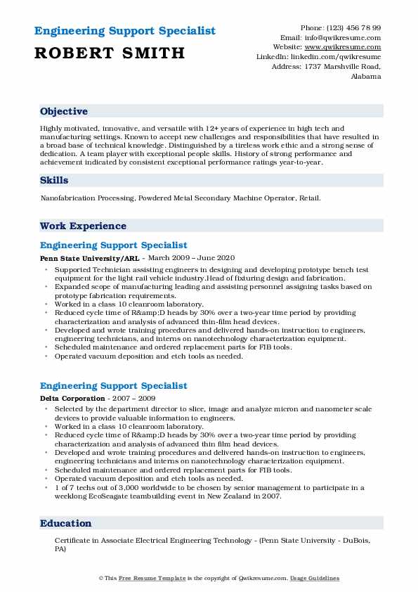 Engineering Support Specialist Resume Samples QwikResume