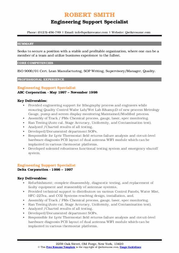 Engineering Support Specialist Resume Samples QwikResume