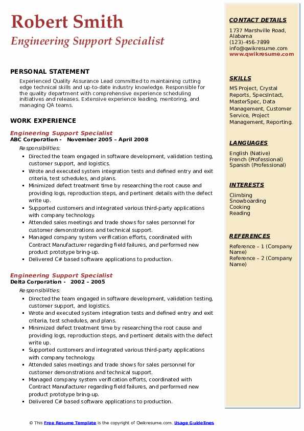 Engineering Support Specialist Resume Samples QwikResume