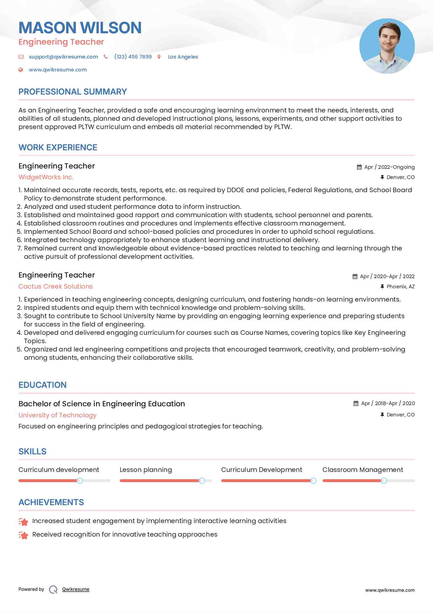 Engineering Teacher Resume Format